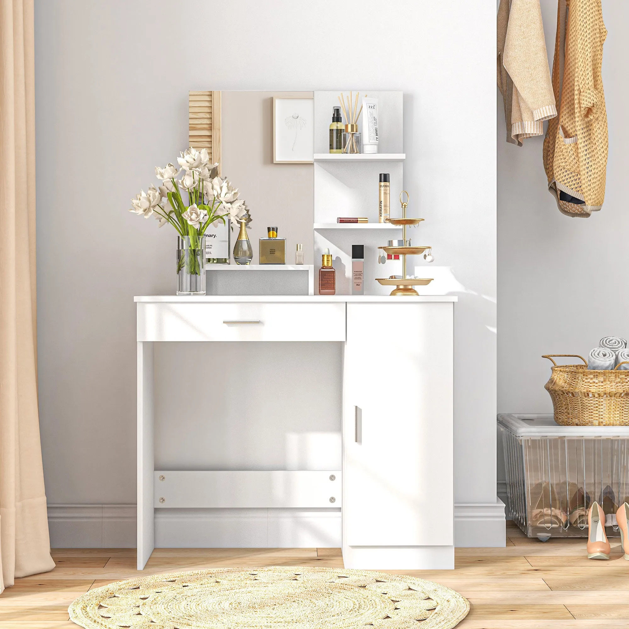 HOMCOM Vanity Table, Makeup Table with Mirror and Storage, White