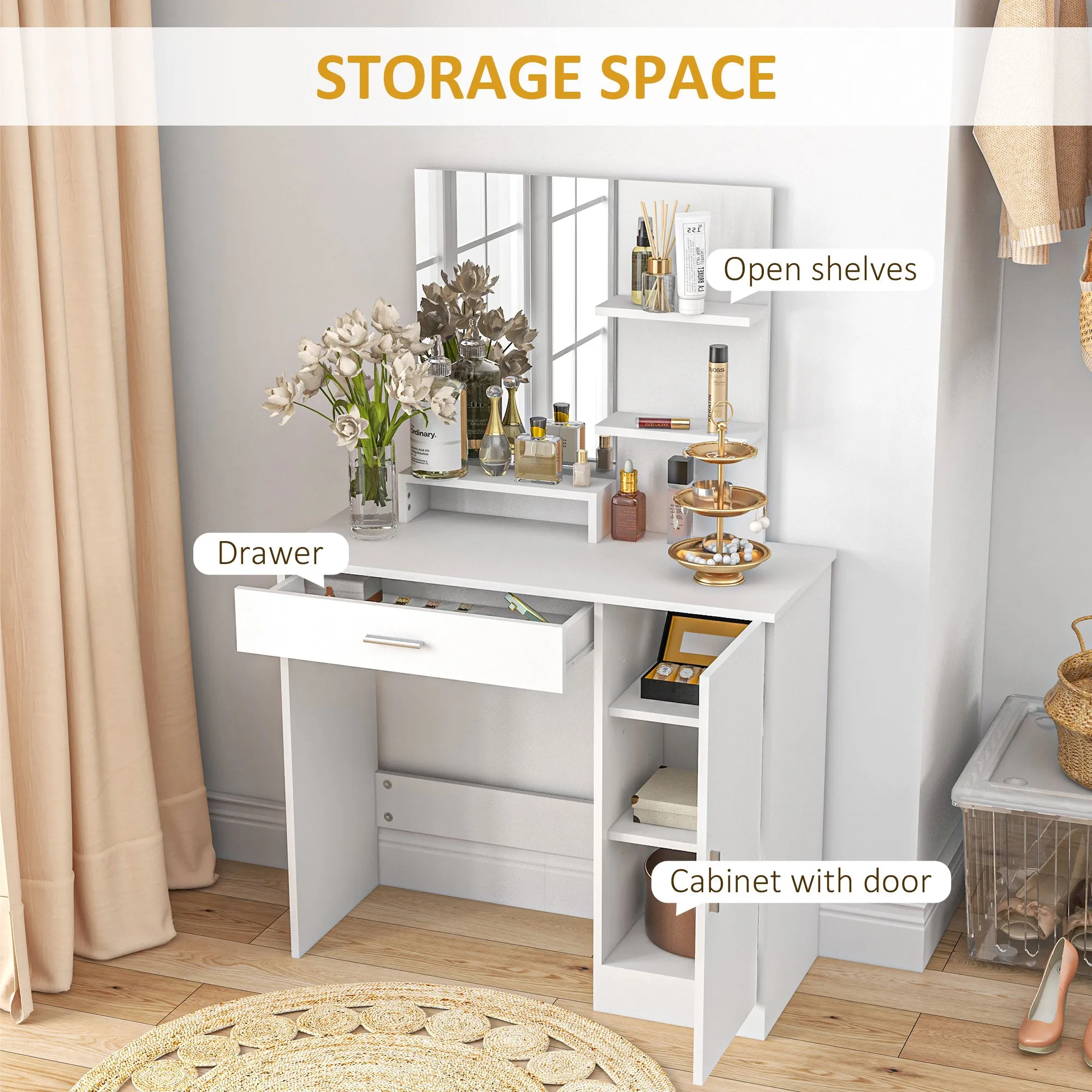 HOMCOM Vanity Table, Makeup Table with Mirror and Storage, White