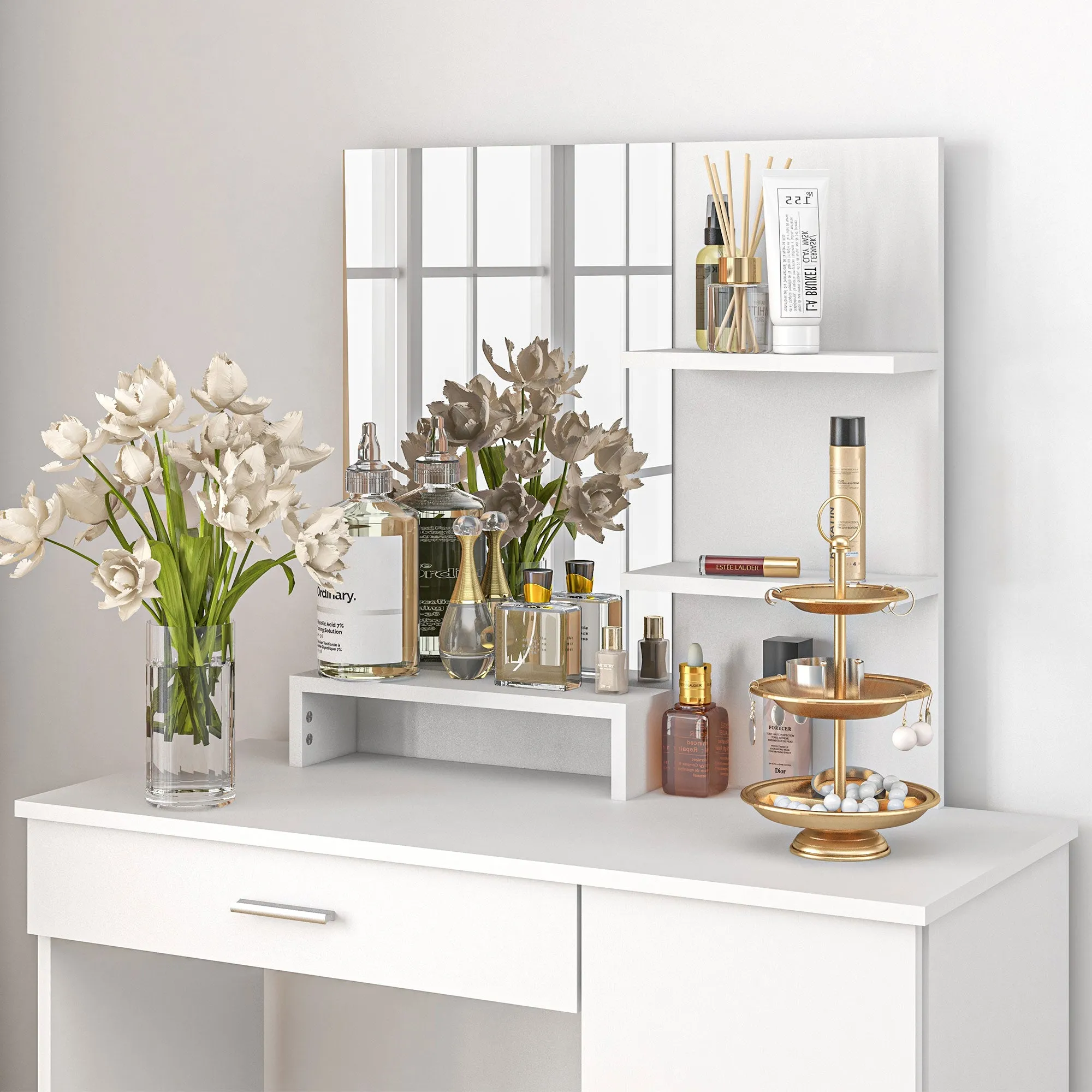 HOMCOM Vanity Table, Makeup Table with Mirror and Storage, White