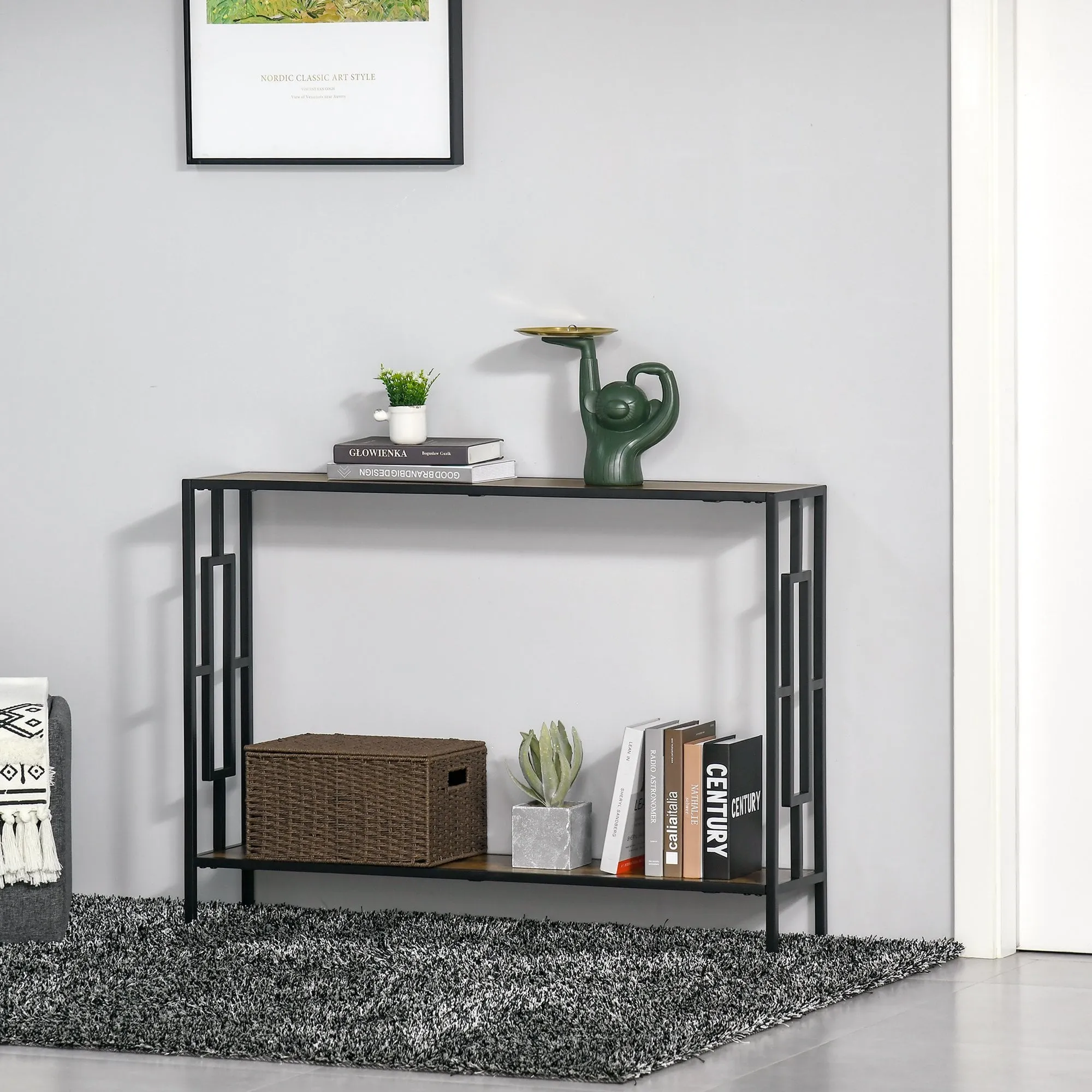 Industrial Console Table with Storage Shelf, Narrow Hallway Dressing Desk with Metal Frame for Living Room, Bedroom, Rustic Brown Black