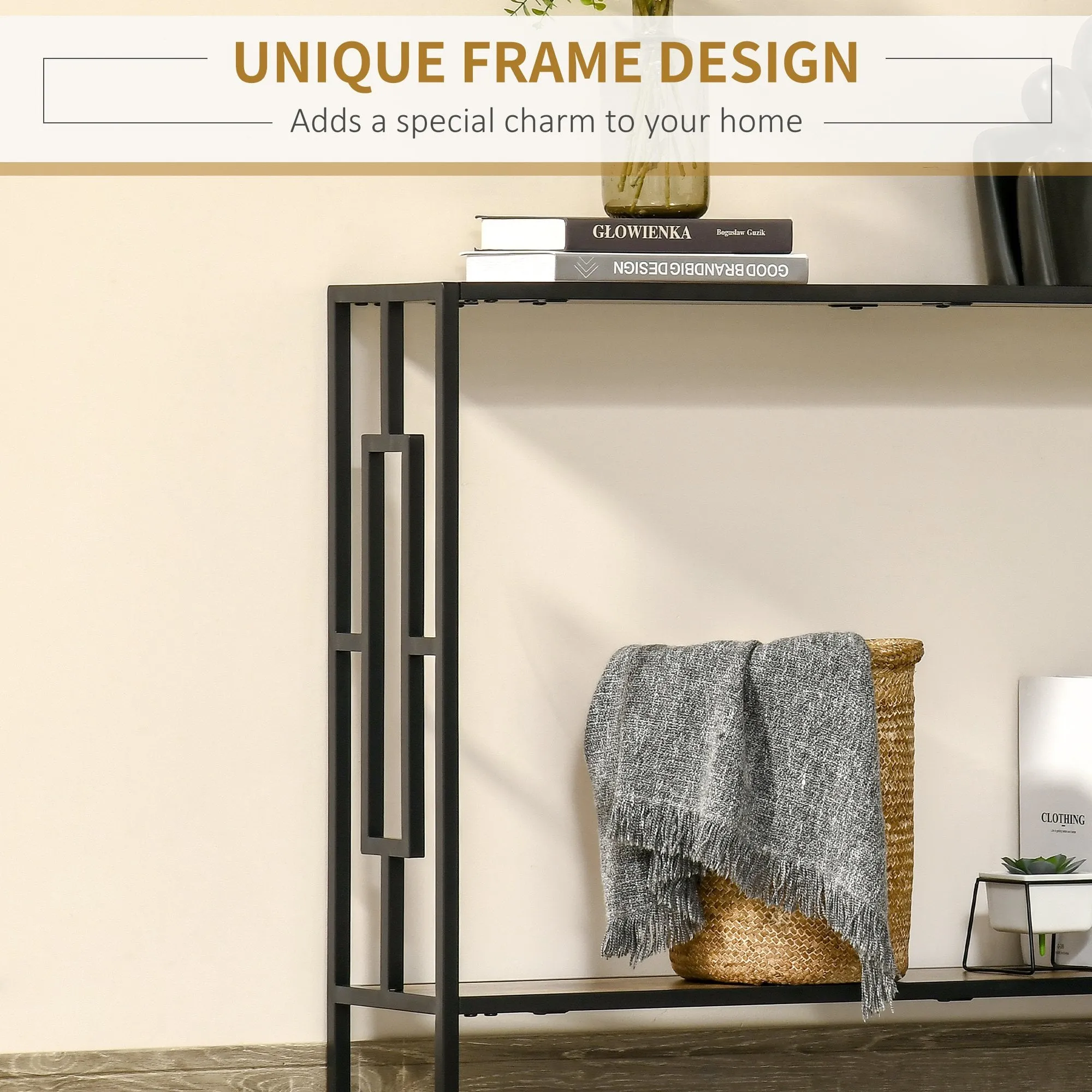 Industrial Console Table with Storage Shelf, Narrow Hallway Dressing Desk with Metal Frame for Living Room, Bedroom, Rustic Brown Black