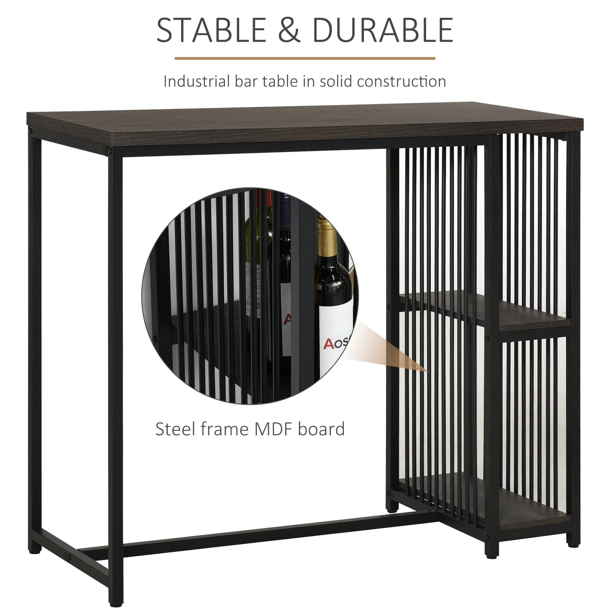 Industrial Steel Tube Dining Height Bar Table with 2-Tier Storage Shelf, Pub Desk with Adjustable Foot Pad for Living Room, Kitchen, Bedroom, Cafe, Restaurant and
