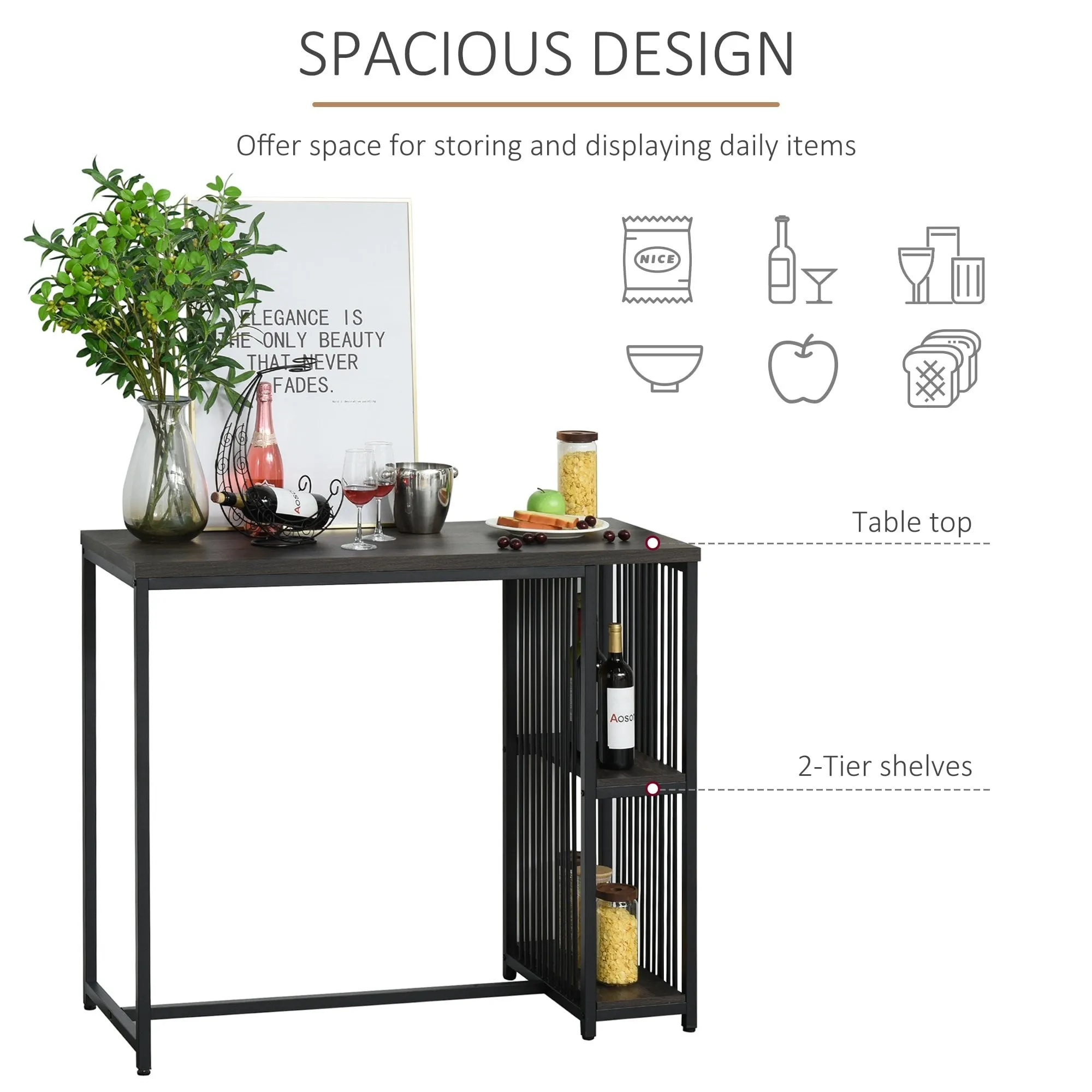 Industrial Steel Tube Dining Height Bar Table with 2-Tier Storage Shelf, Pub Desk with Adjustable Foot Pad for Living Room, Kitchen, Bedroom, Cafe, Restaurant and