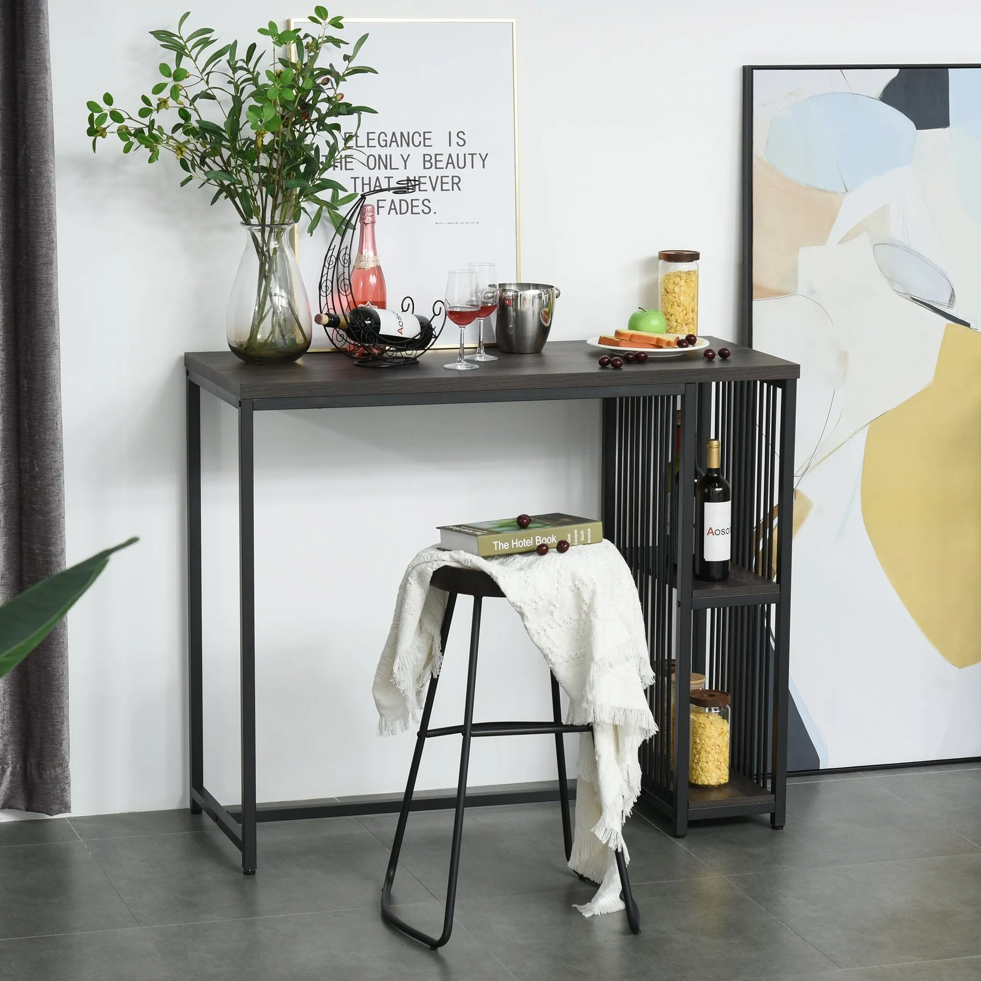 Industrial Steel Tube Dining Height Bar Table with 2-Tier Storage Shelf, Pub Desk with Adjustable Foot Pad for Living Room, Kitchen, Bedroom, Cafe, Restaurant and