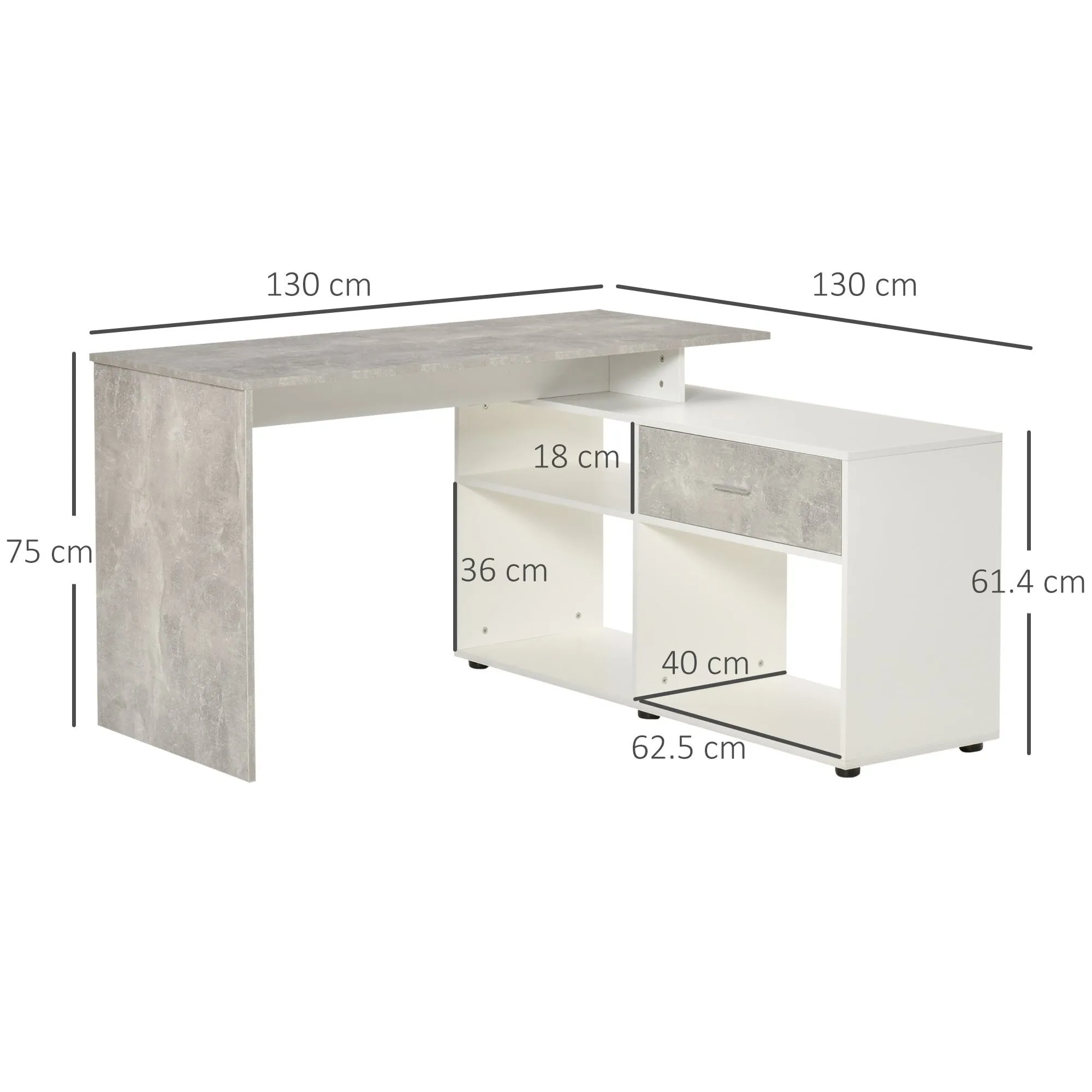 L-Shaped Computer Desk Home Office Corner Desk Study Workstation Space Saving Table with Shelves Drawer, Grey and White Drawer