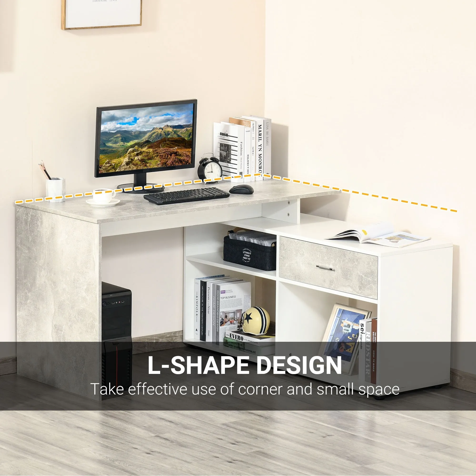 L-Shaped Computer Desk Home Office Corner Desk Study Workstation Space Saving Table with Shelves Drawer, Grey and White Drawer