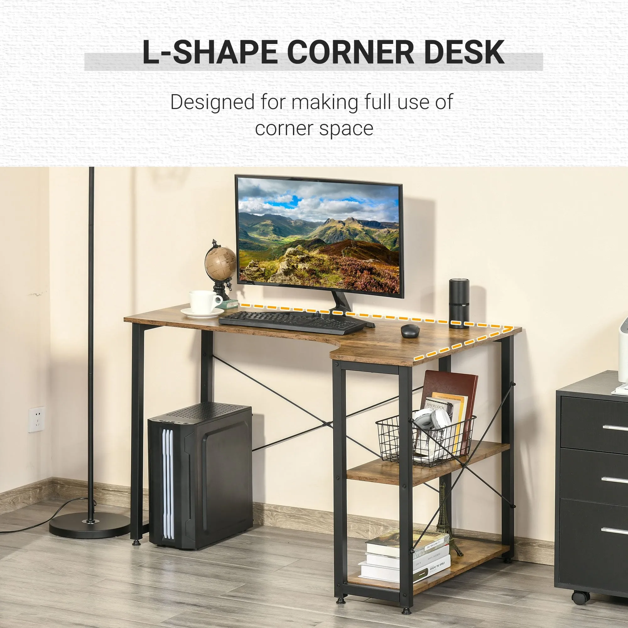 L-Shaped Computer Desk Home Office Corner Desk Study Workstation Table with 2 Shelves, Steel Frame, Rustic Brown w/ Shelves Frame