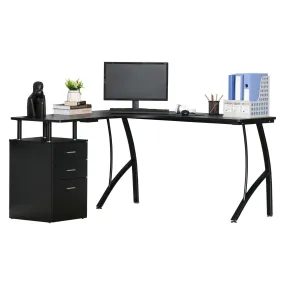 L-Shaped Computer Desk Table with Storage Drawer Home Office Corner Industrial Style Workstation, Black