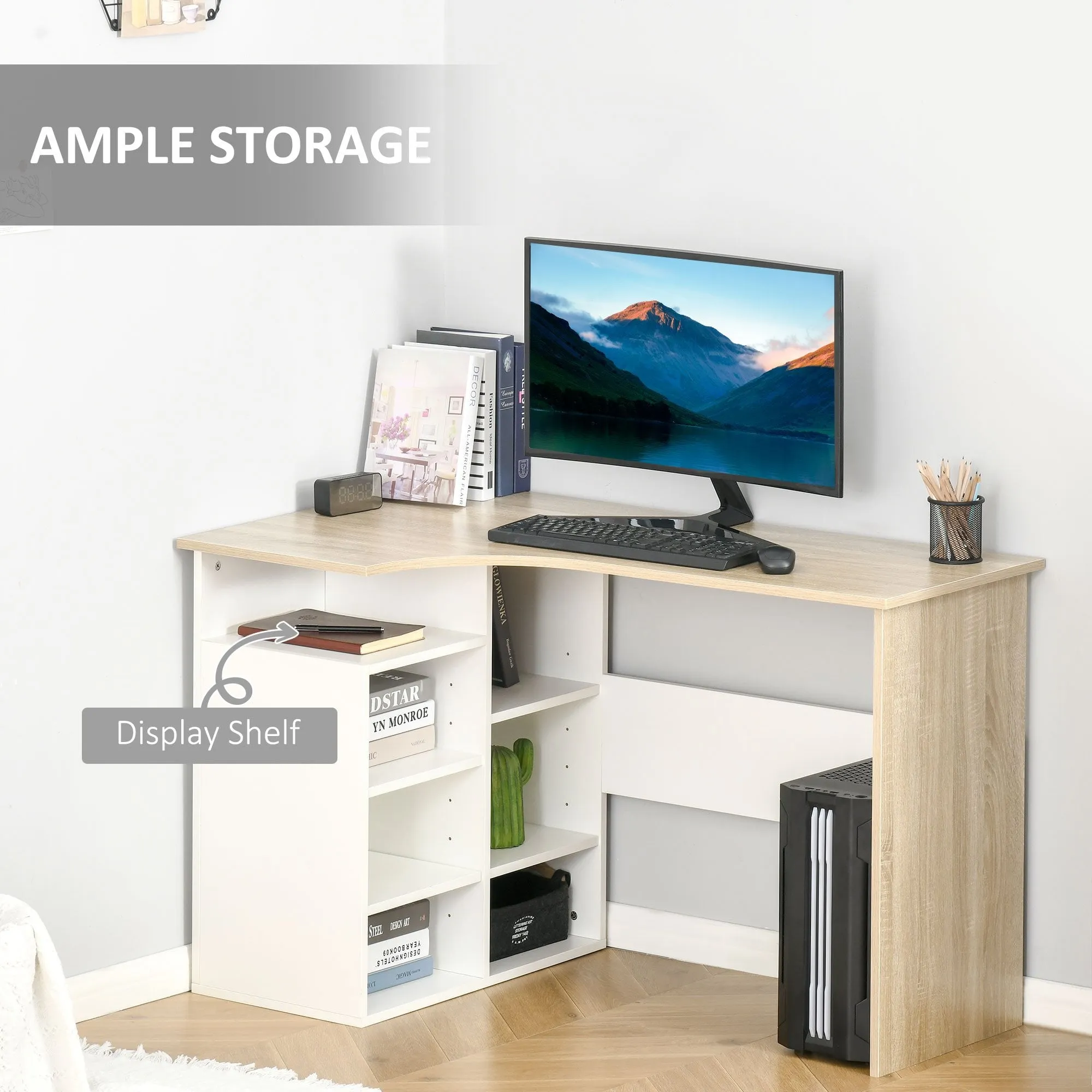 L-Shaped Corner Computer Desk Study Table PC Work with Storage Shelf Office Home Workstation Space Saving, Oak and White