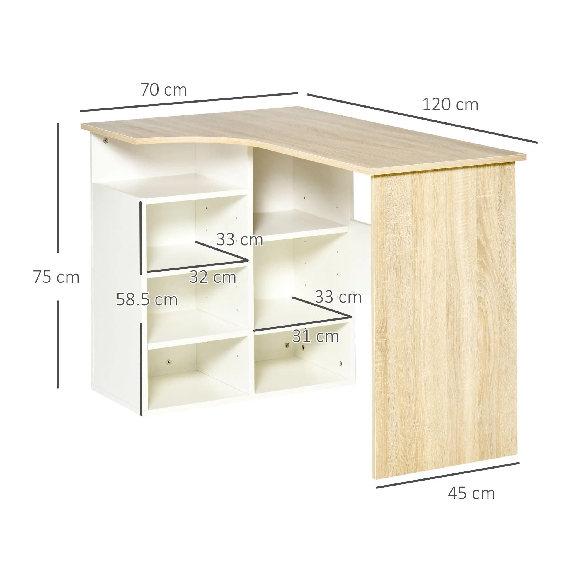 L-Shaped Corner Computer Desk Study Table PC Work with Storage Shelf Office Home Workstation Space Saving, Oak and White