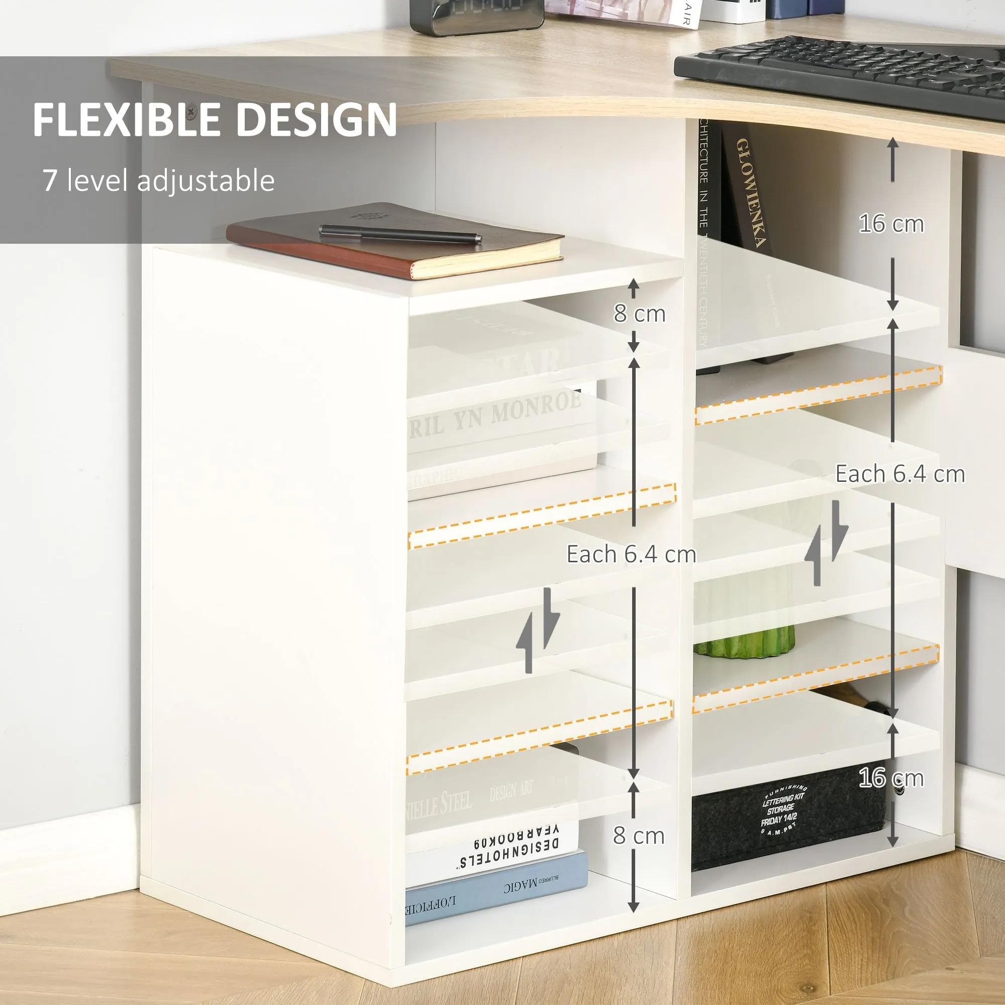L-Shaped Corner Computer Desk Study Table PC Work with Storage Shelf Office Home Workstation Space Saving, Oak and White