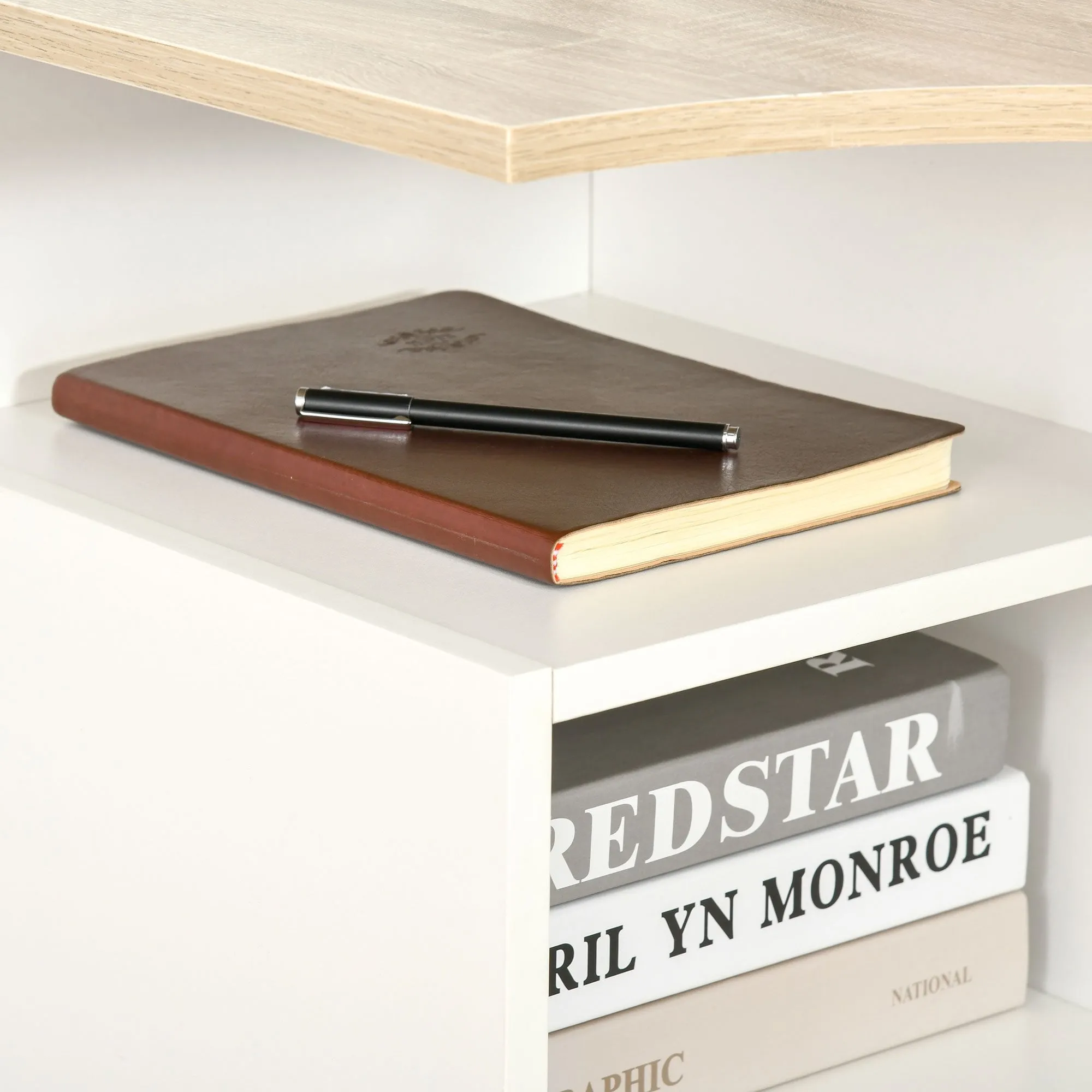 L-Shaped Corner Computer Desk Study Table PC Work with Storage Shelf Office Home Workstation Space Saving, Oak and White
