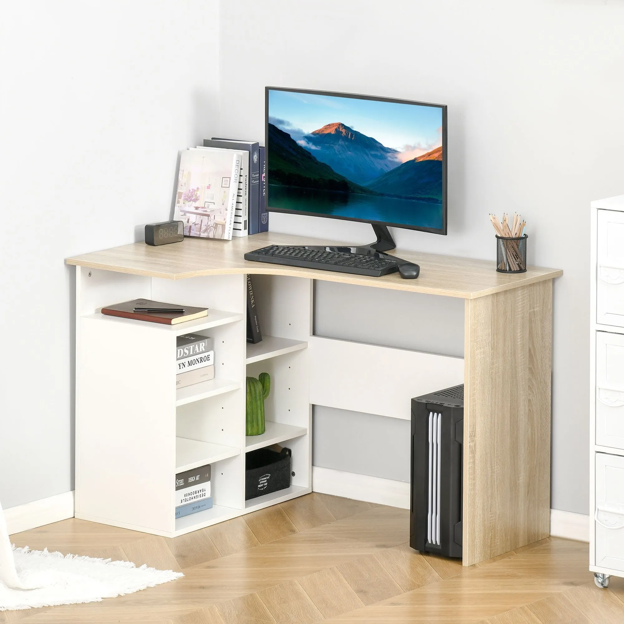 L-Shaped Corner Computer Desk Study Table PC Work with Storage Shelf Office Home Workstation Space Saving, Oak and White