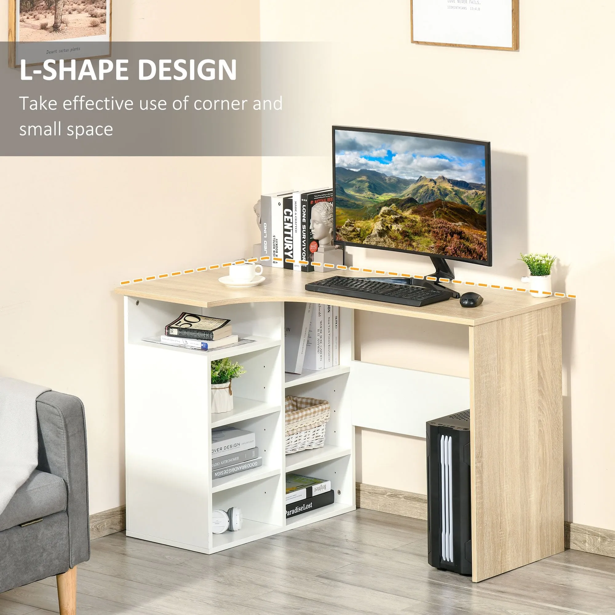 L-Shaped Corner Computer Desk Study Table PC Work with Storage Shelf Office Home Workstation Space Saving, Oak and White