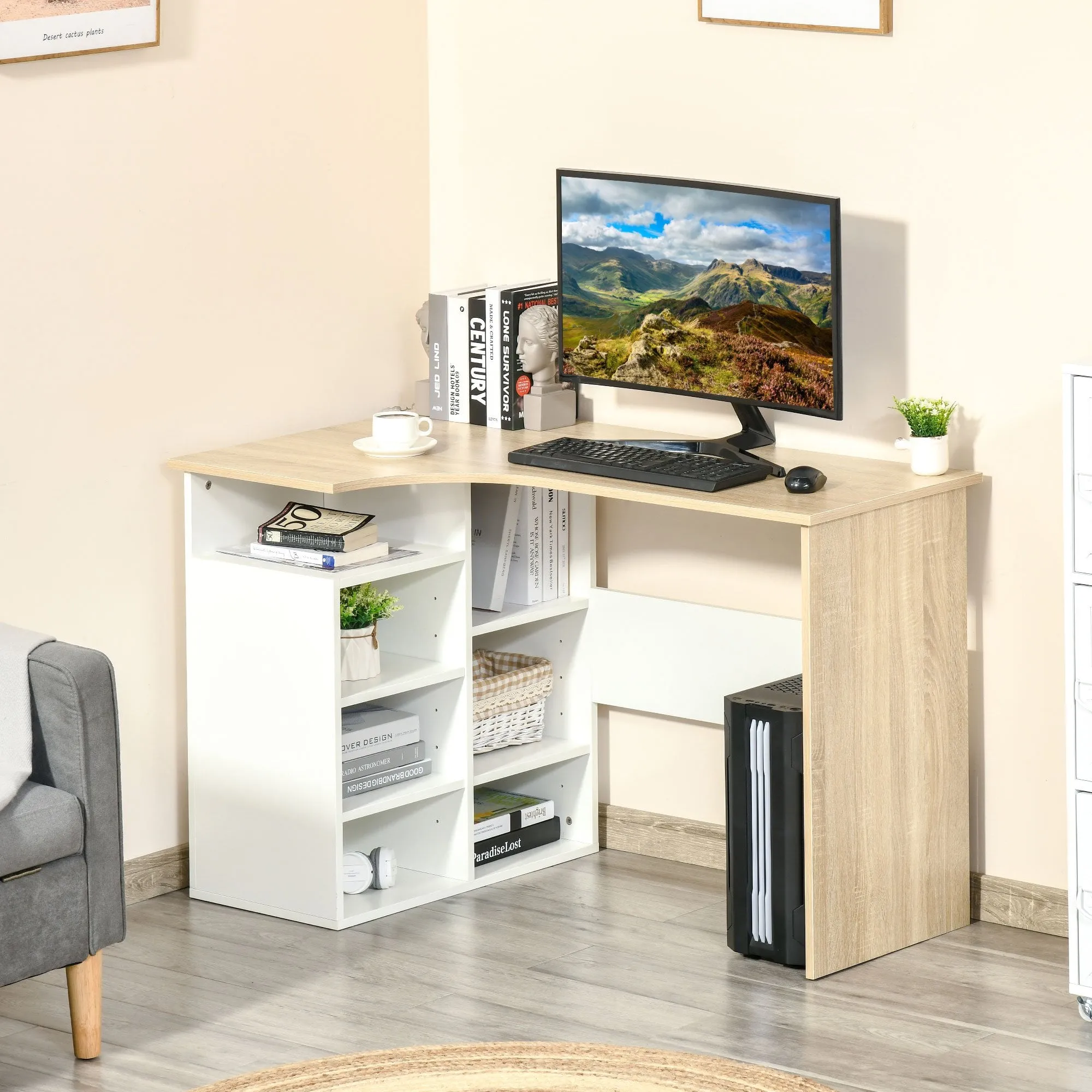 L-Shaped Corner Computer Desk Study Table PC Work with Storage Shelf Office Home Workstation Space Saving, Oak and White