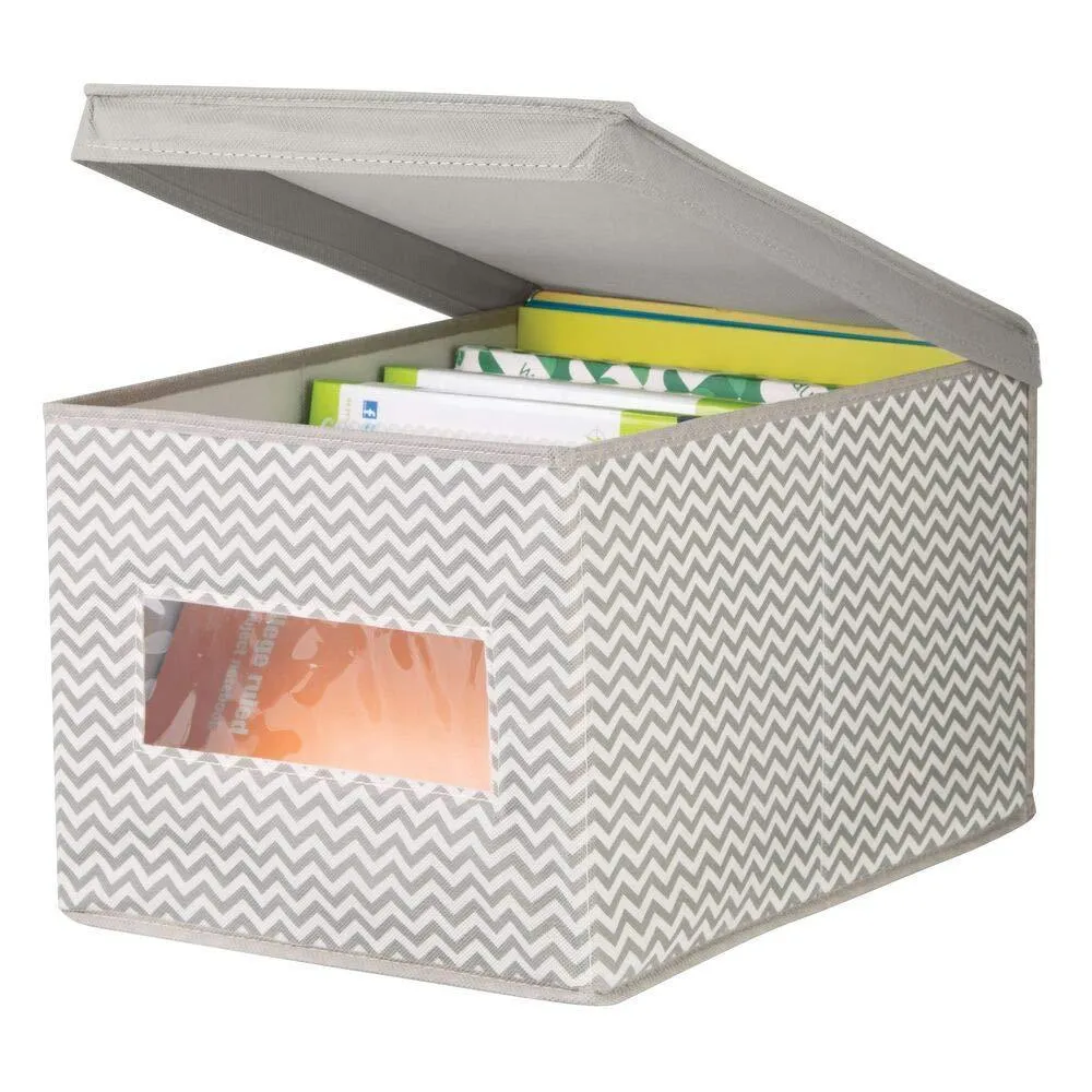 mDesign Decorative Soft Stackable Fabric Office Storage Organizer Holder Bin Box Container - Clear Window, Lid, for Cabinets, Drawers, Desks, Workspace, Large, Foldable - Chevron Print, 6 Pack - Taupe