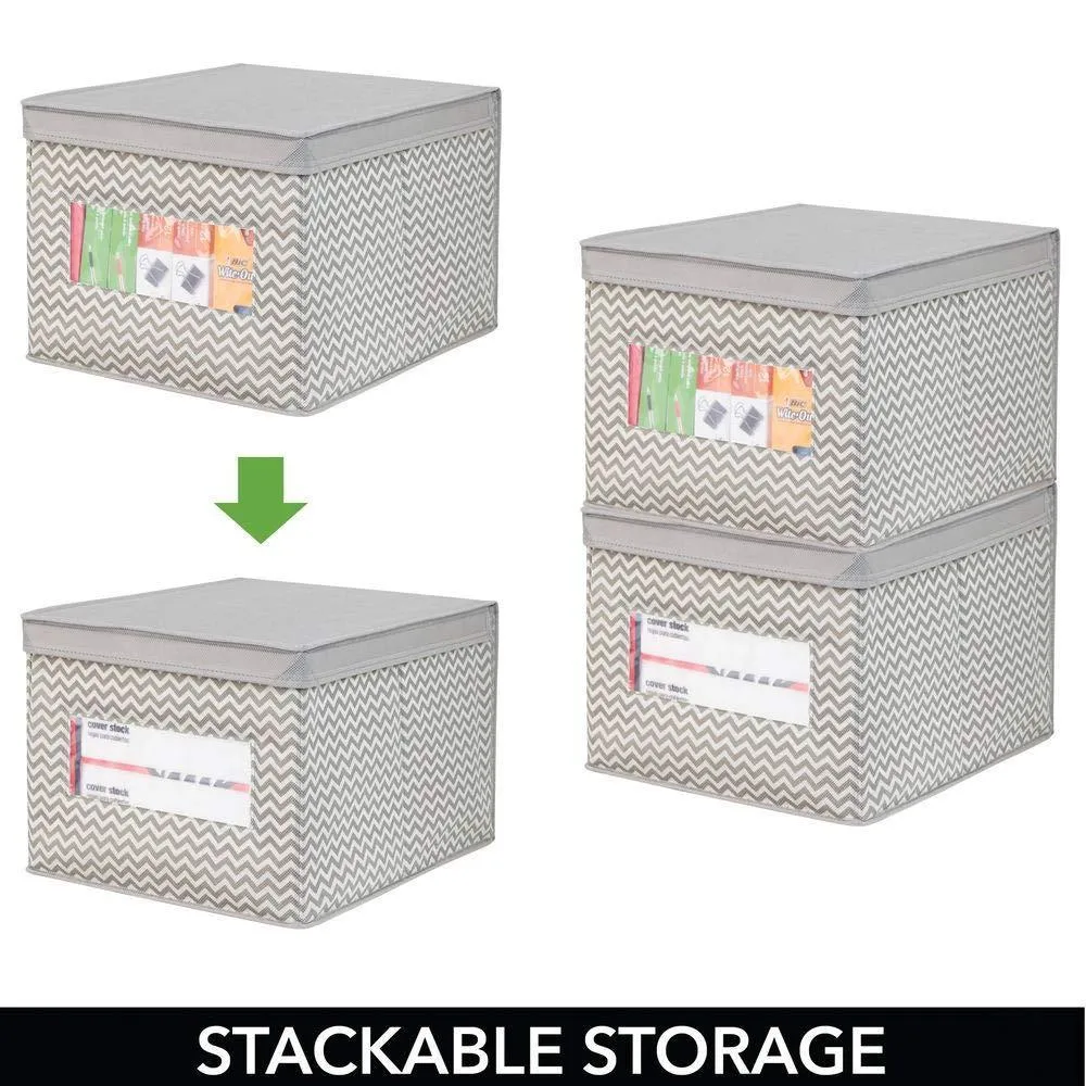 mDesign Decorative Soft Stackable Fabric Office Storage Organizer Holder Bin Box Container - Clear Window, Lid, for Cabinets, Drawers, Desks, Workspace, Large, Foldable - Chevron Print, 6 Pack - Taupe