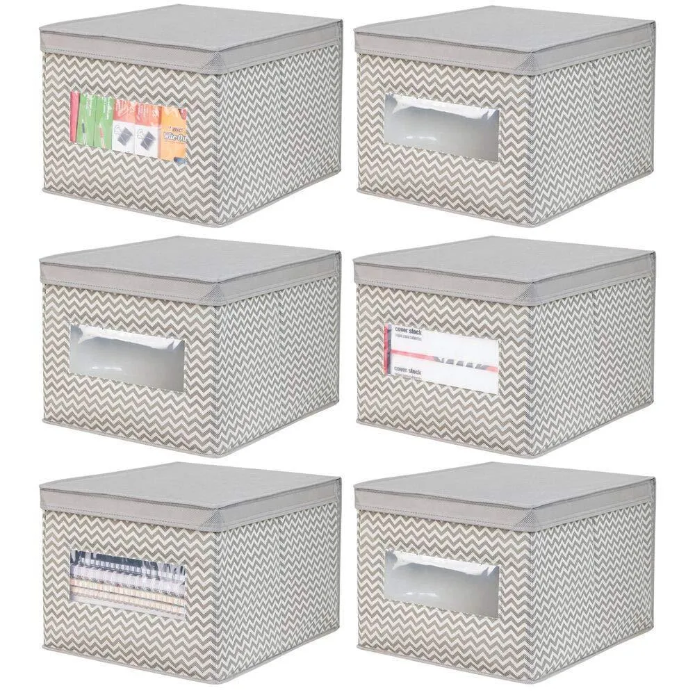 mDesign Decorative Soft Stackable Fabric Office Storage Organizer Holder Bin Box Container - Clear Window, Lid, for Cabinets, Drawers, Desks, Workspace, Large, Foldable - Chevron Print, 6 Pack - Taupe