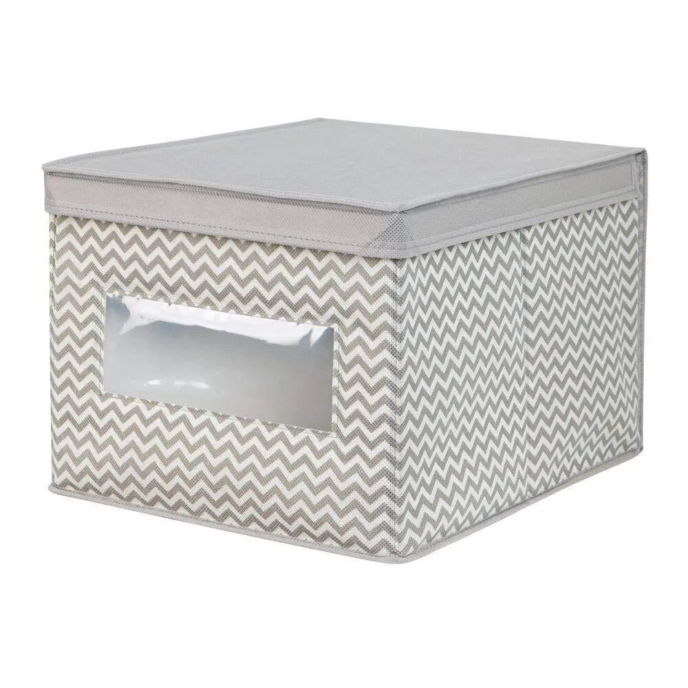 mDesign Decorative Soft Stackable Fabric Office Storage Organizer Holder Bin Box Container - Clear Window, Lid, for Cabinets, Drawers, Desks, Workspace, Large, Foldable - Chevron Print, 6 Pack - Taupe