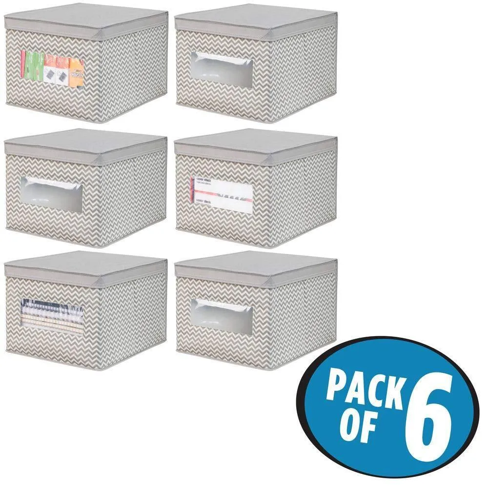 mDesign Decorative Soft Stackable Fabric Office Storage Organizer Holder Bin Box Container - Clear Window, Lid, for Cabinets, Drawers, Desks, Workspace, Large, Foldable - Chevron Print, 6 Pack - Taupe