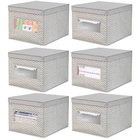mDesign Decorative Soft Stackable Fabric Office Storage Organizer Holder Bin Box Container - Clear Window, Lid, for Cabinets, Drawers, Desks, Workspace, Large, Foldable - Chevron Print, 6 Pack - Taupe