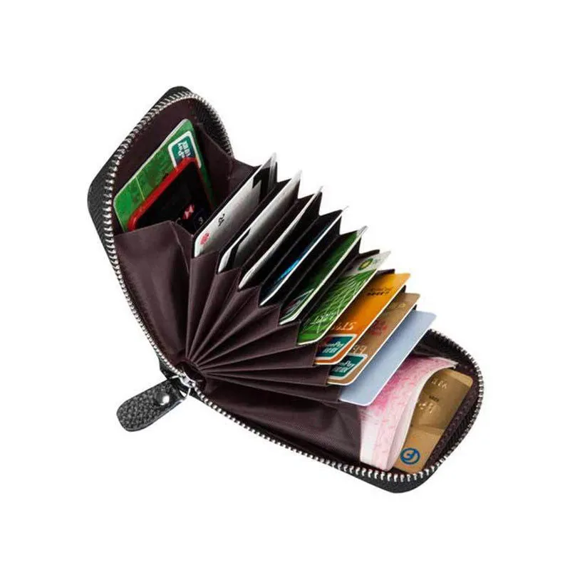 Men's Genuine Leather Credit Card Holder RFID Blocking Zipper Wallet
