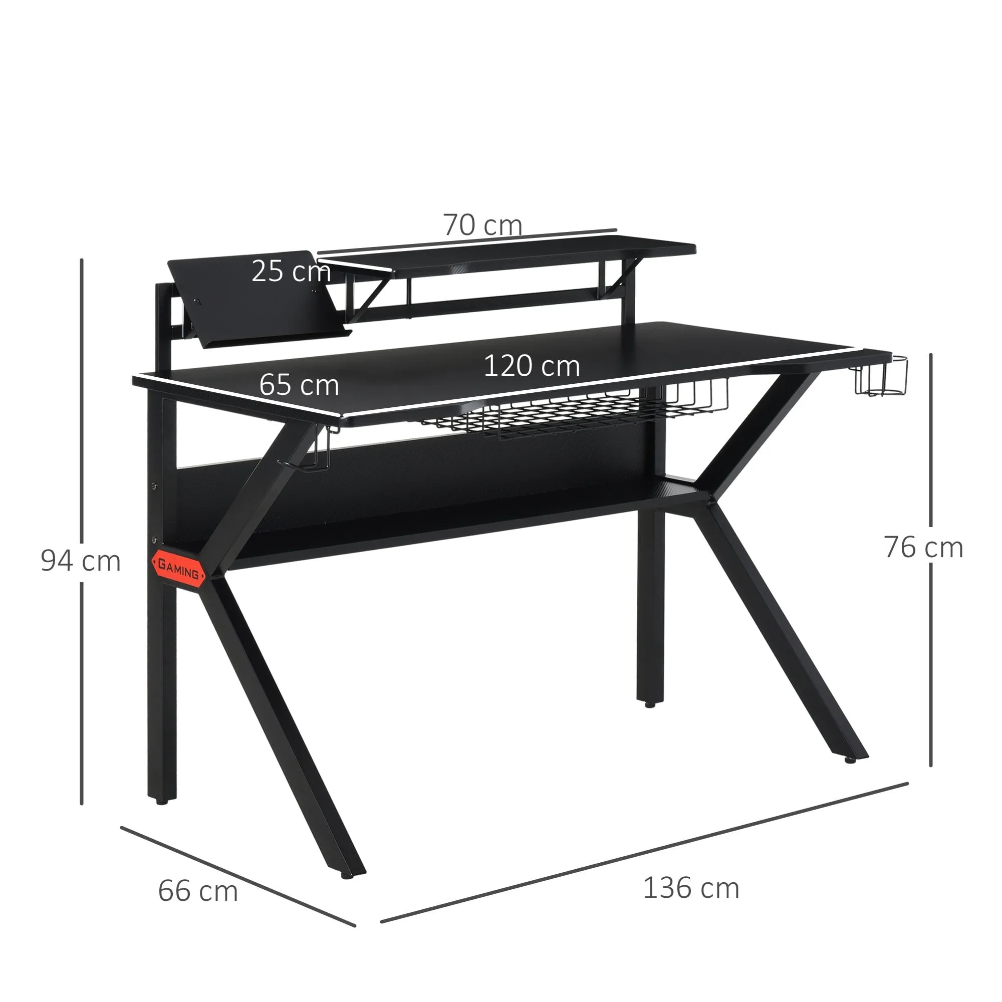 Metal Frame Gaming Computer Desk w/Cup Holder Headphone Hook & Cable Basket Black