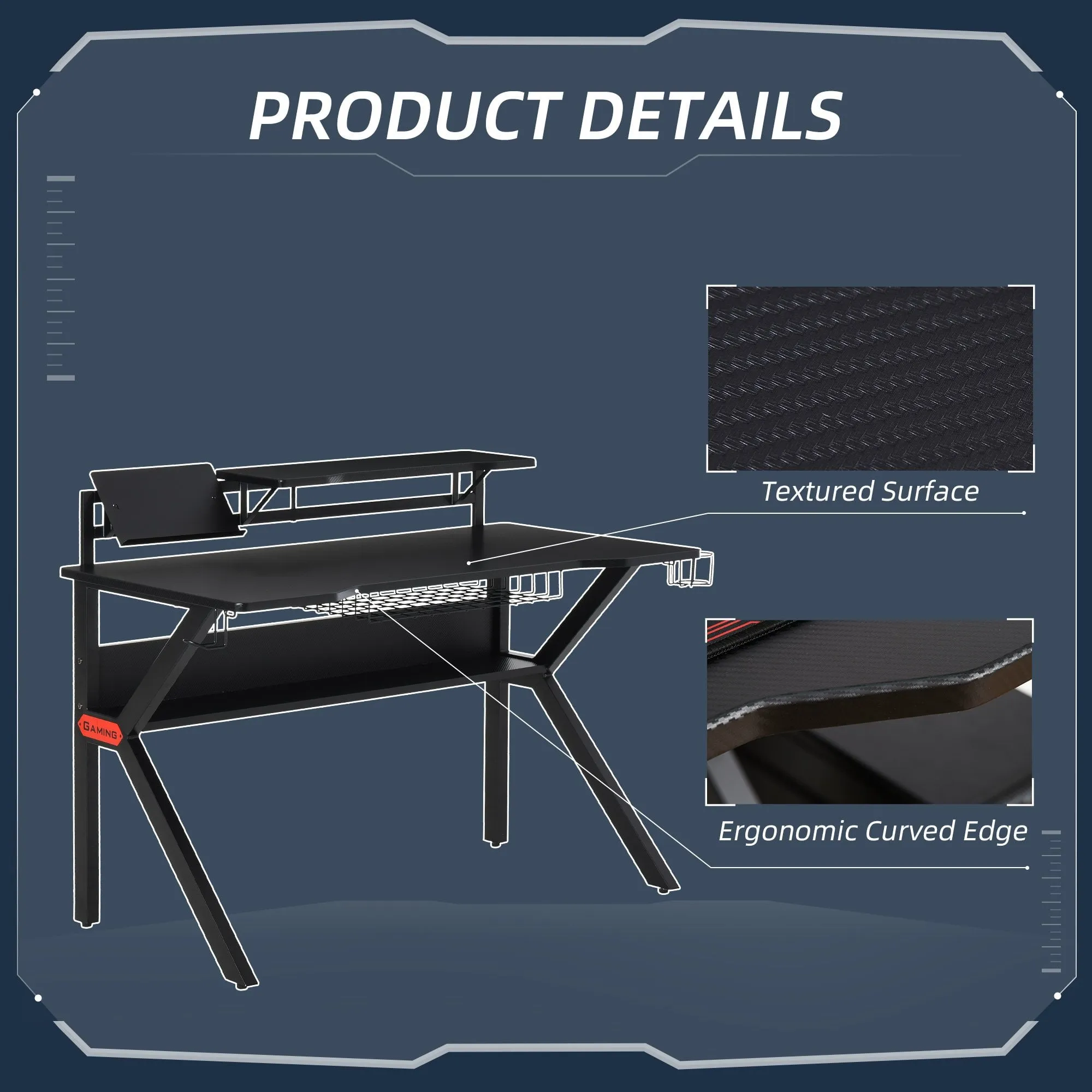 Metal Frame Gaming Computer Desk w/Cup Holder Headphone Hook & Cable Basket Black