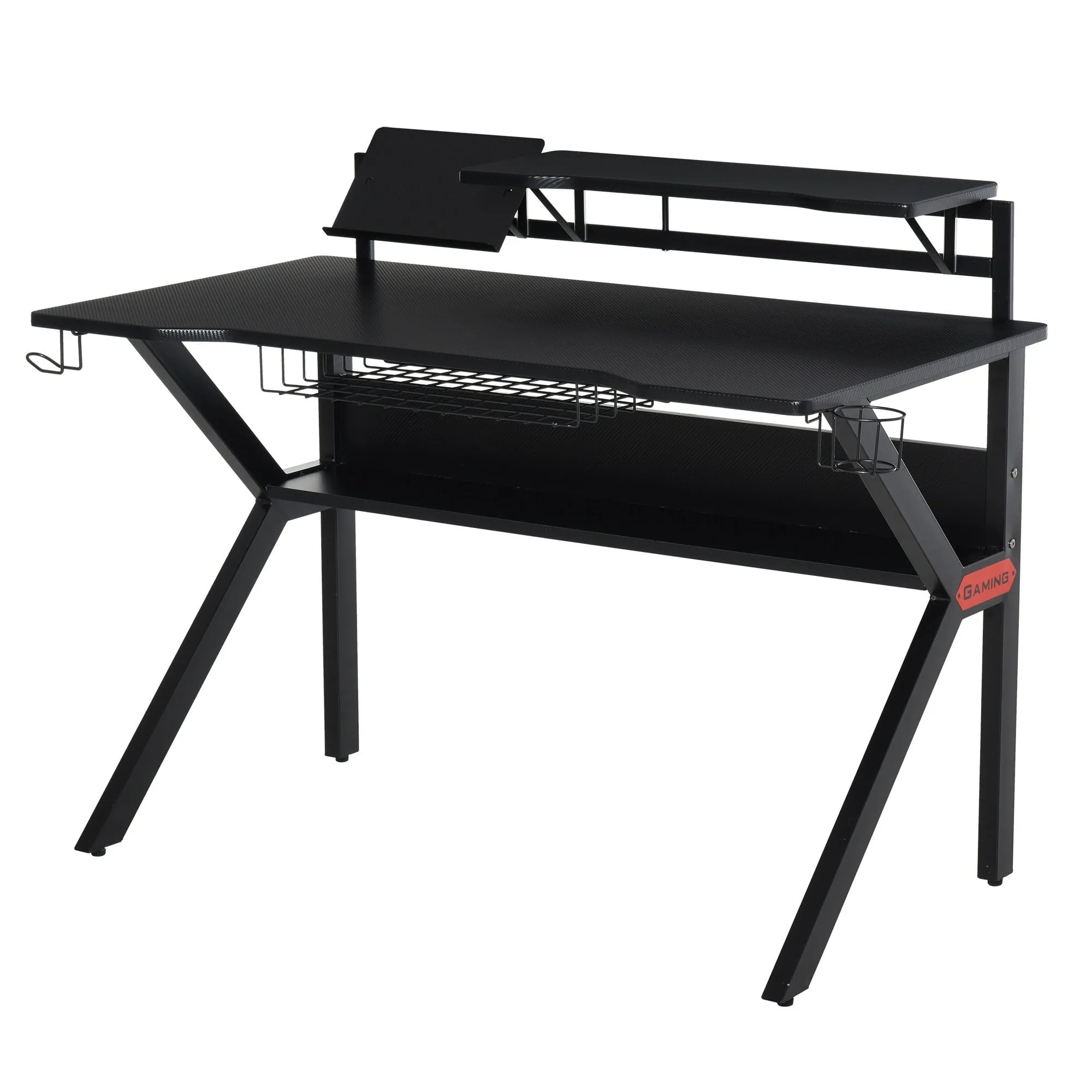 Metal Frame Gaming Computer Desk w/Cup Holder Headphone Hook & Cable Basket Black