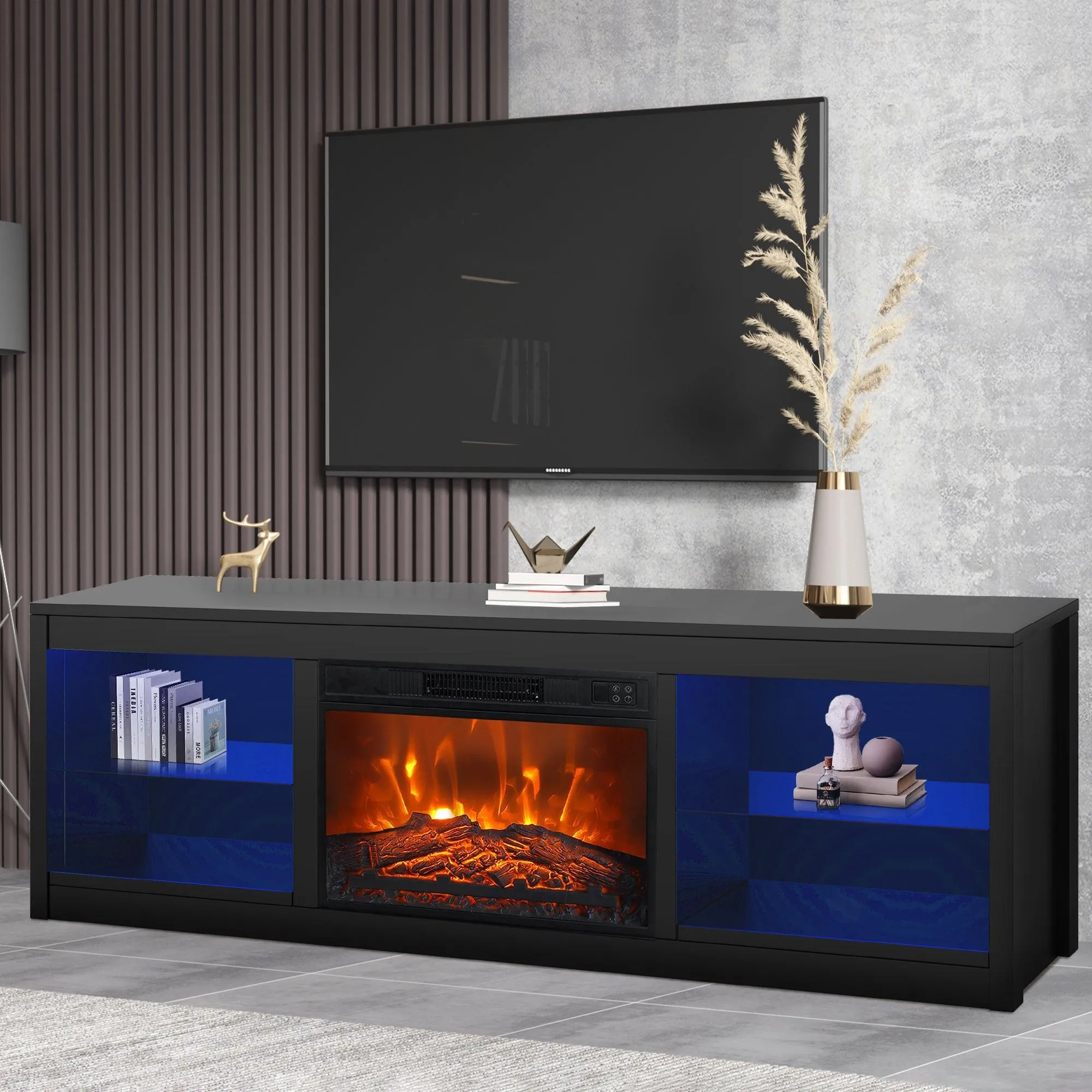 Modern 66" LED TV Stand with 23" Electric Fireplace for Living Room