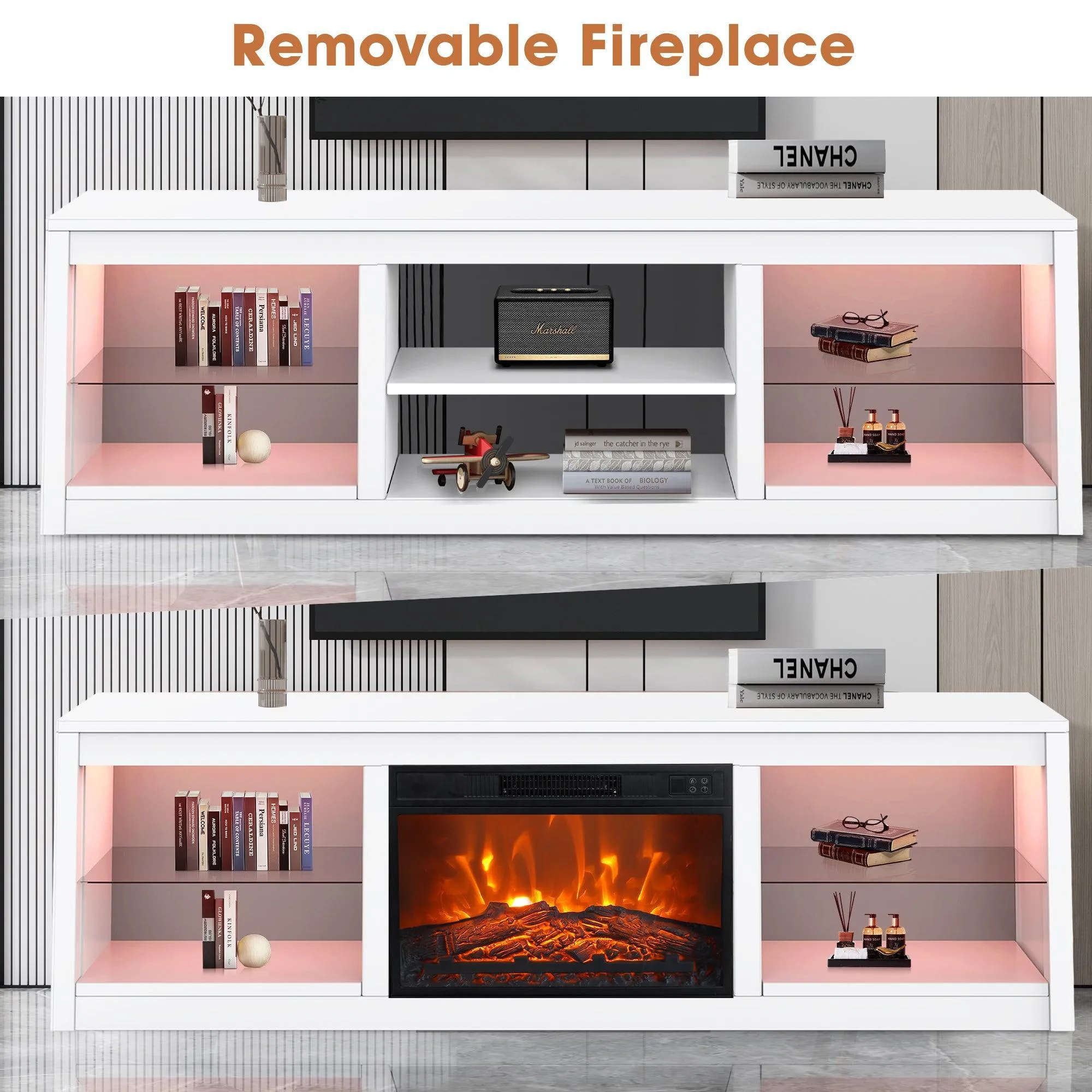 Modern 66" LED TV Stand with 23" Electric Fireplace for Living Room