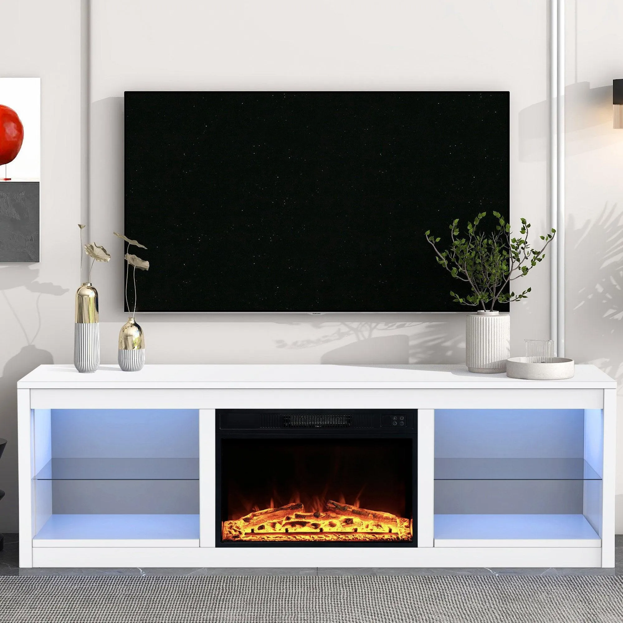 Modern 66" LED TV Stand with 23" Electric Fireplace for Living Room