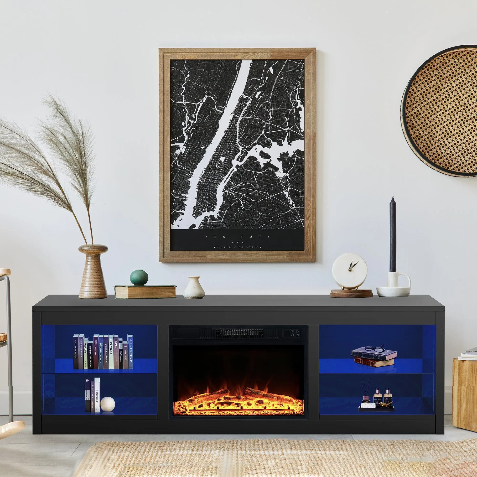 Modern 66" LED TV Stand with 23" Electric Fireplace for Living Room
