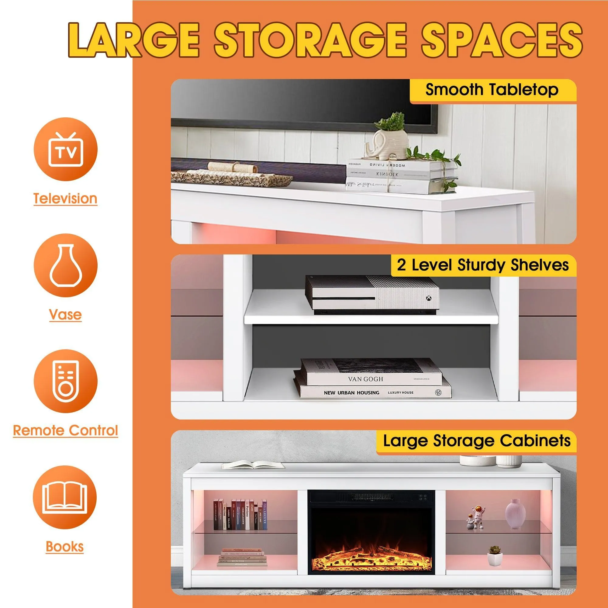 Modern 66" LED TV Stand with 23" Electric Fireplace for Living Room
