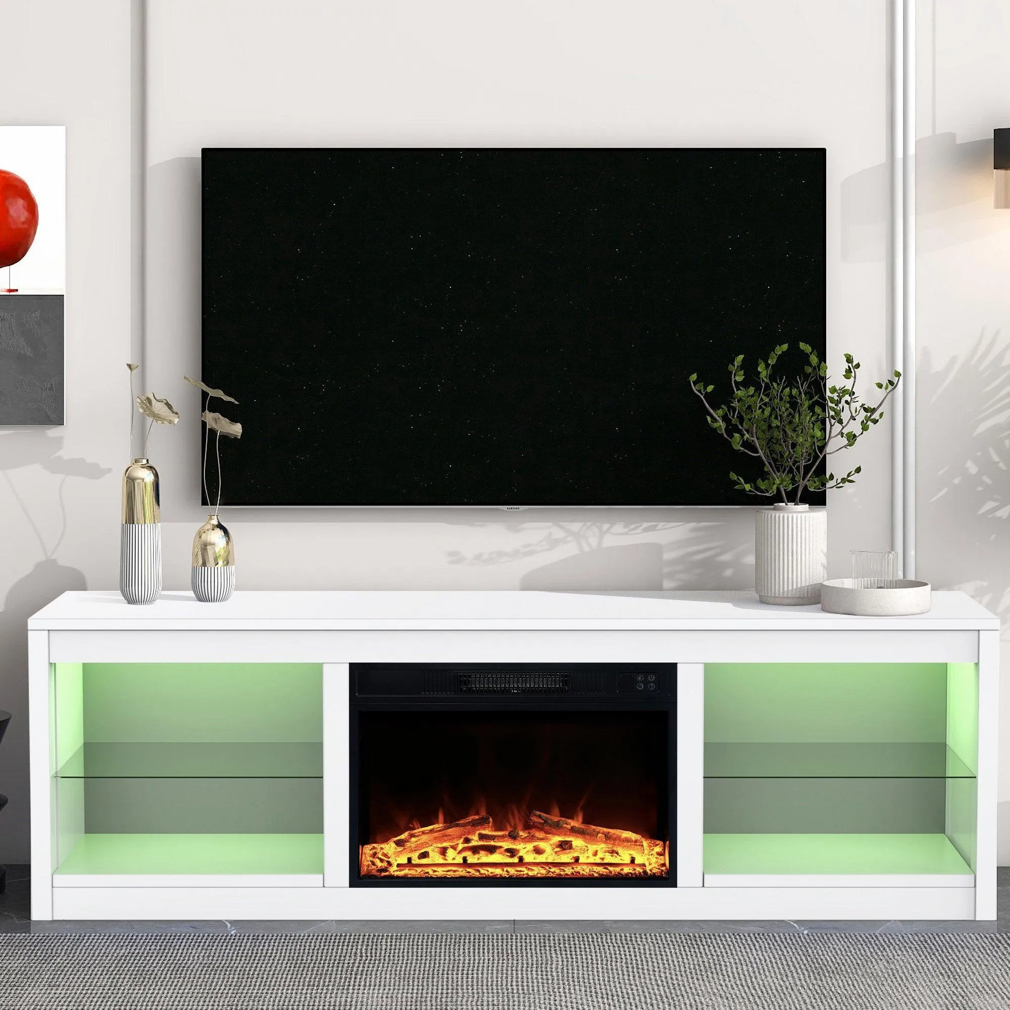 Modern 66" LED TV Stand with 23" Electric Fireplace for Living Room