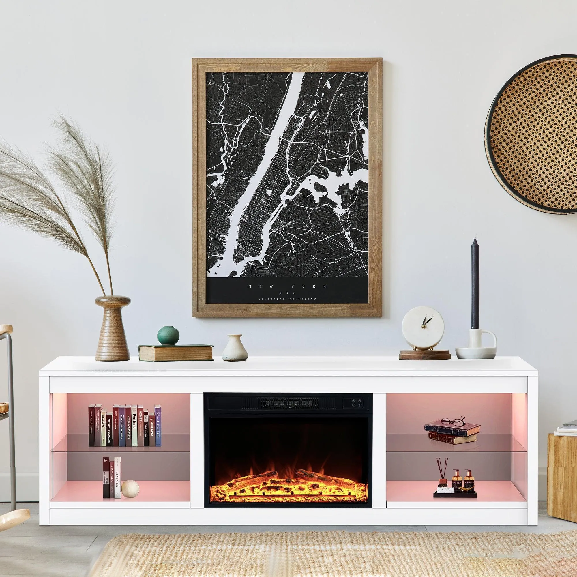 Modern 66" LED TV Stand with 23" Electric Fireplace for Living Room