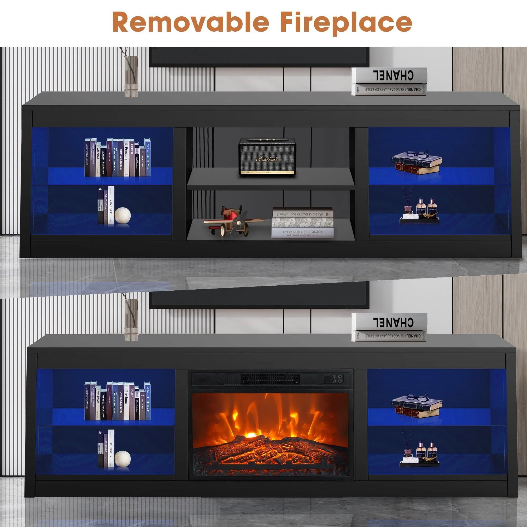Modern 66" LED TV Stand with 23" Electric Fireplace for Living Room