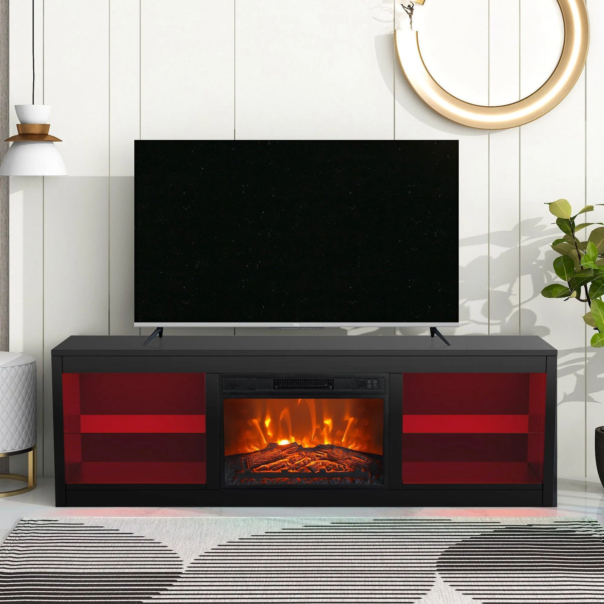 Modern 66" LED TV Stand with 23" Electric Fireplace for Living Room