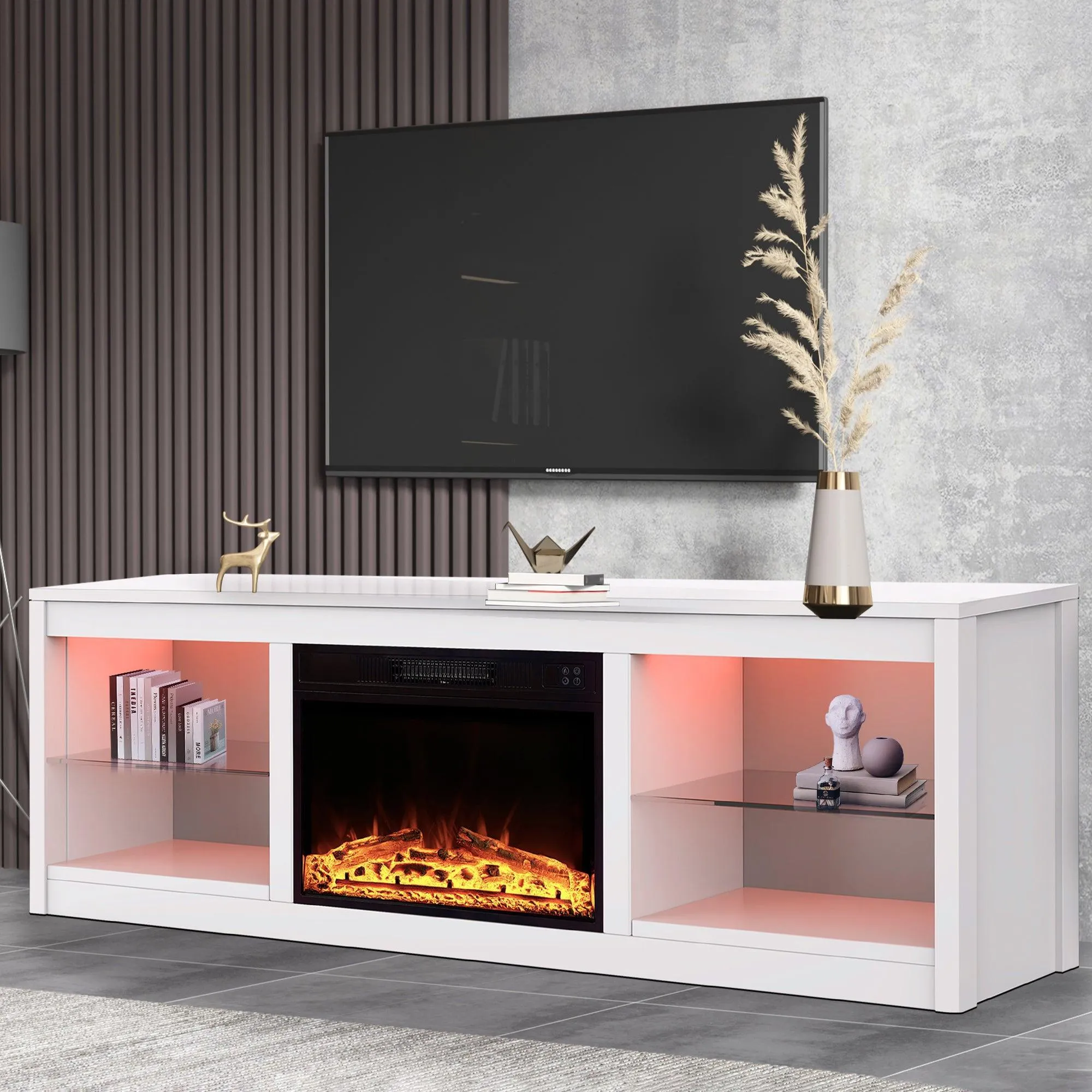 Modern 66" LED TV Stand with 23" Electric Fireplace for Living Room