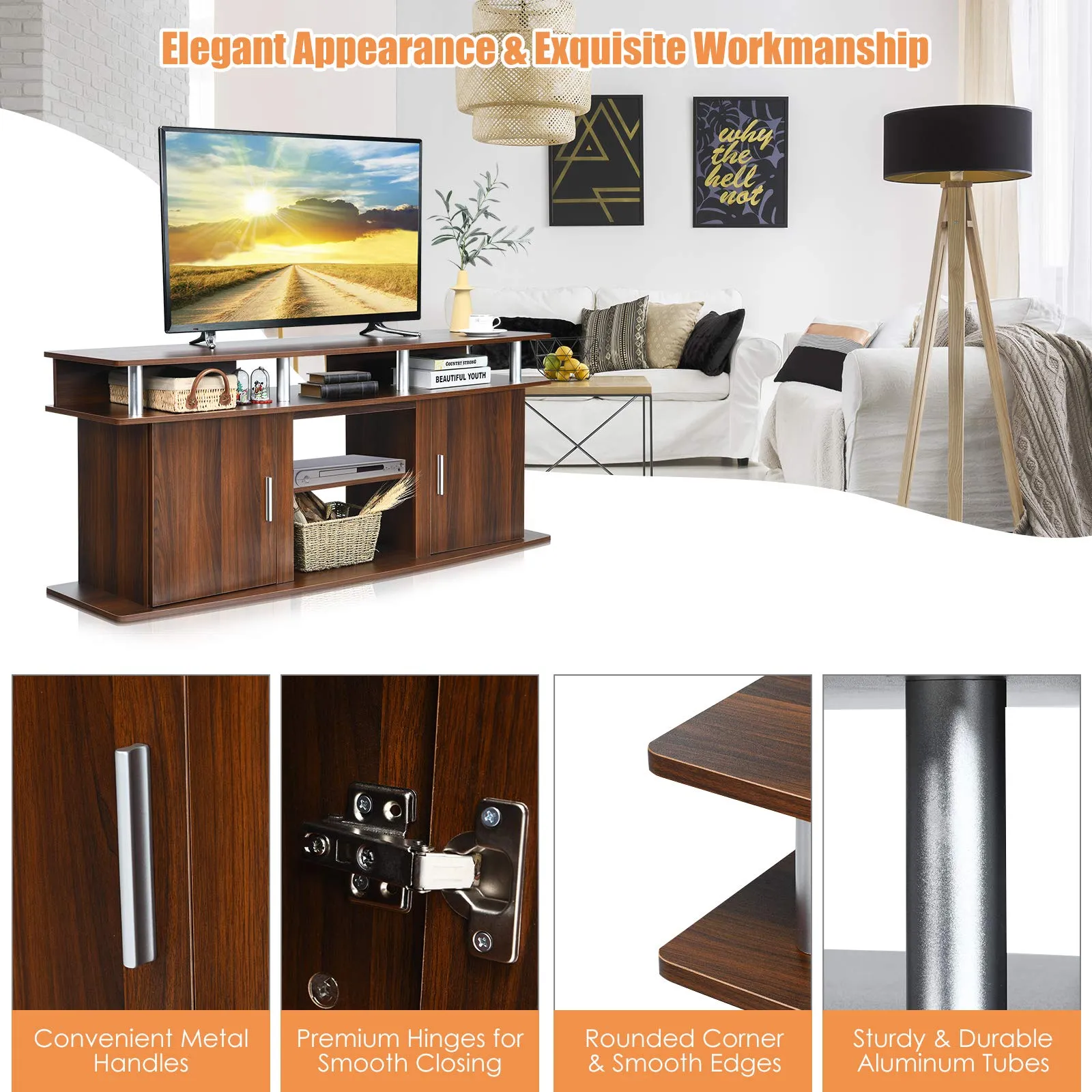 Modern TV Stand for TVs up to 70 Inches, Living Room Console Table w/2 Cabinets & Open Shelves