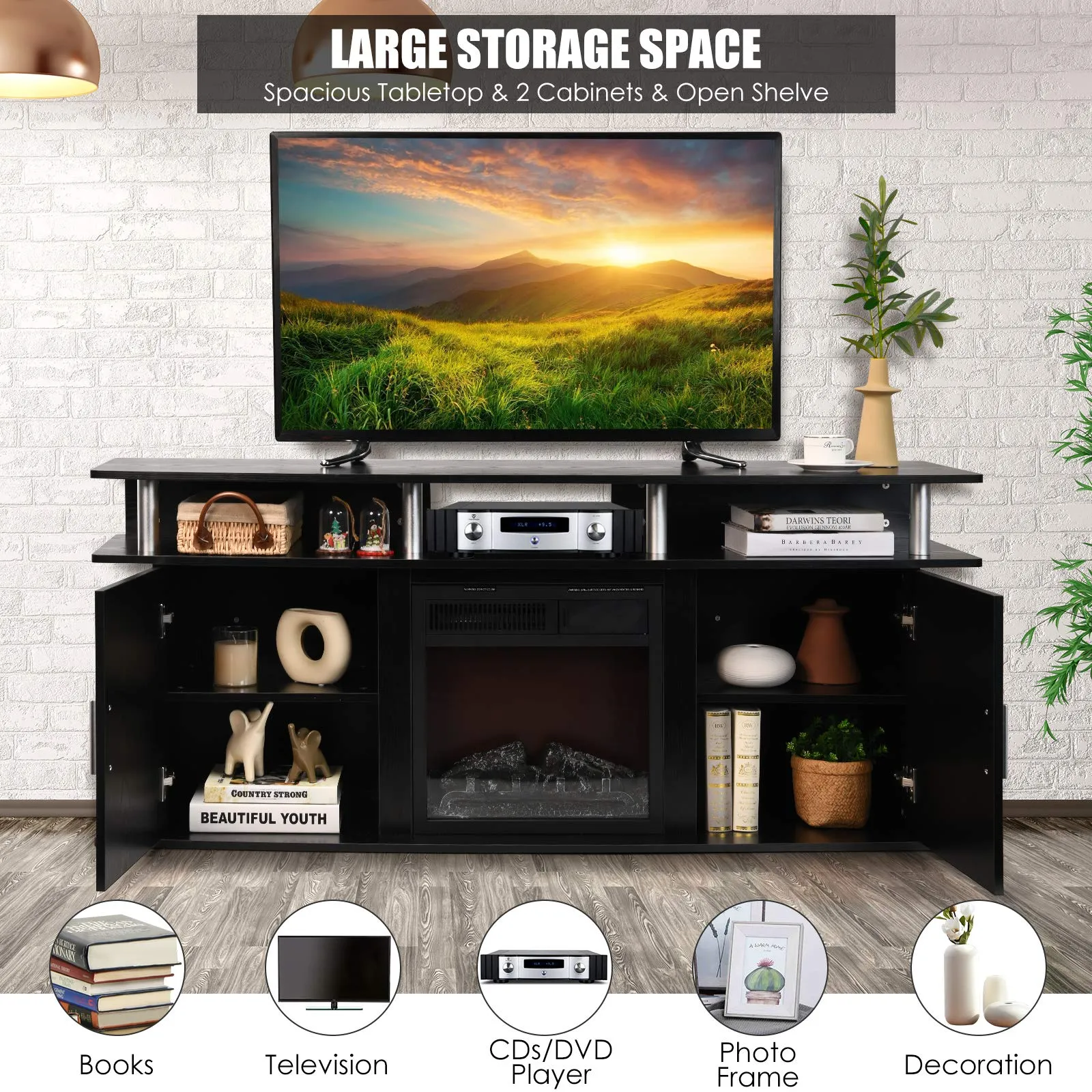 Modern TV Stand for TVs up to 70 Inches, Living Room Console Table w/2 Cabinets & Open Shelves