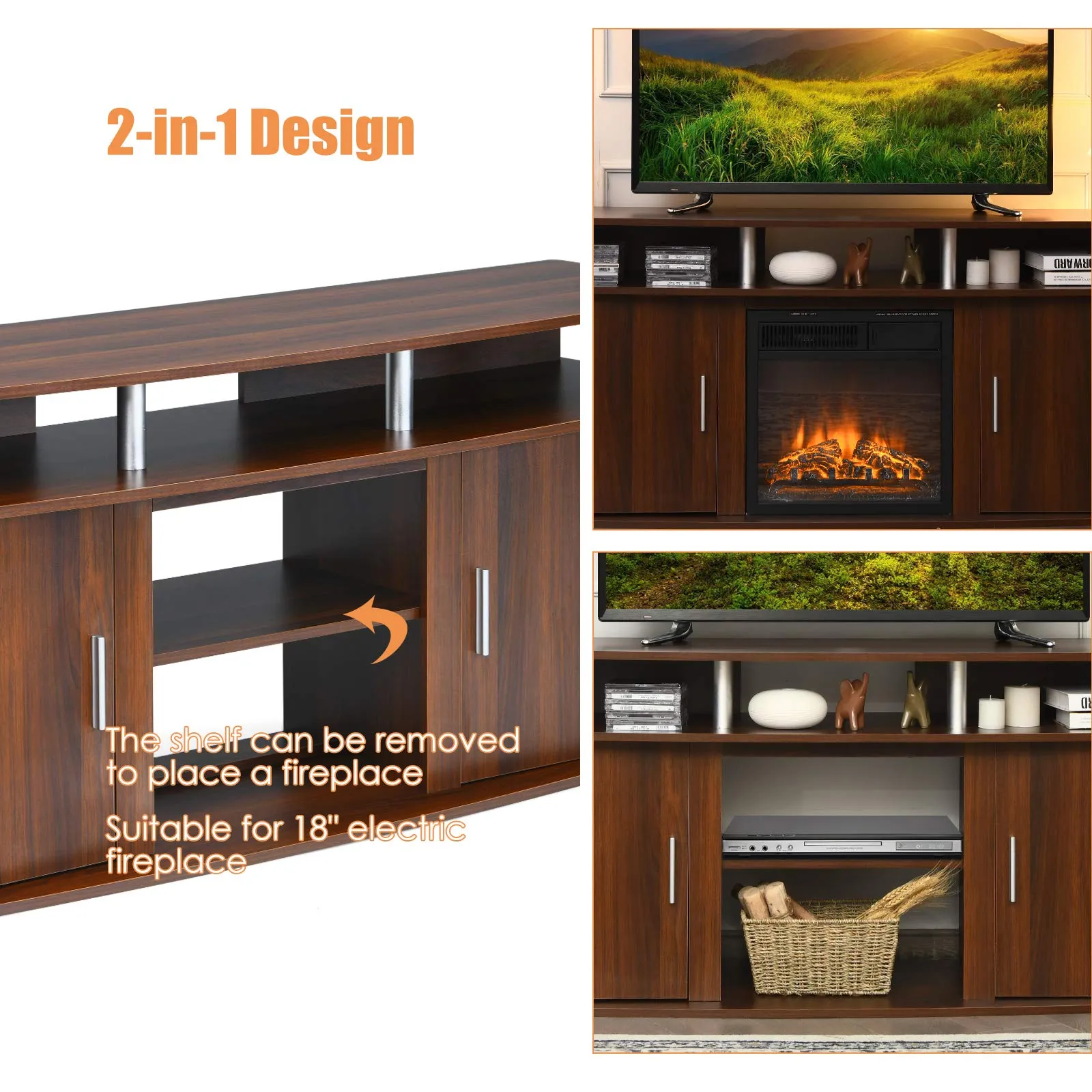 Modern TV Stand for TVs up to 70 Inches, Living Room Console Table w/2 Cabinets & Open Shelves