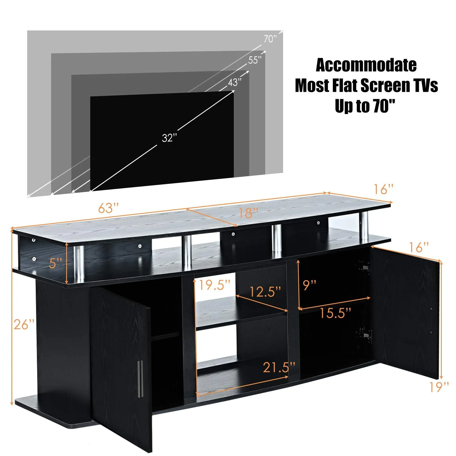 Modern TV Stand for TVs up to 70 Inches, Living Room Console Table w/2 Cabinets & Open Shelves