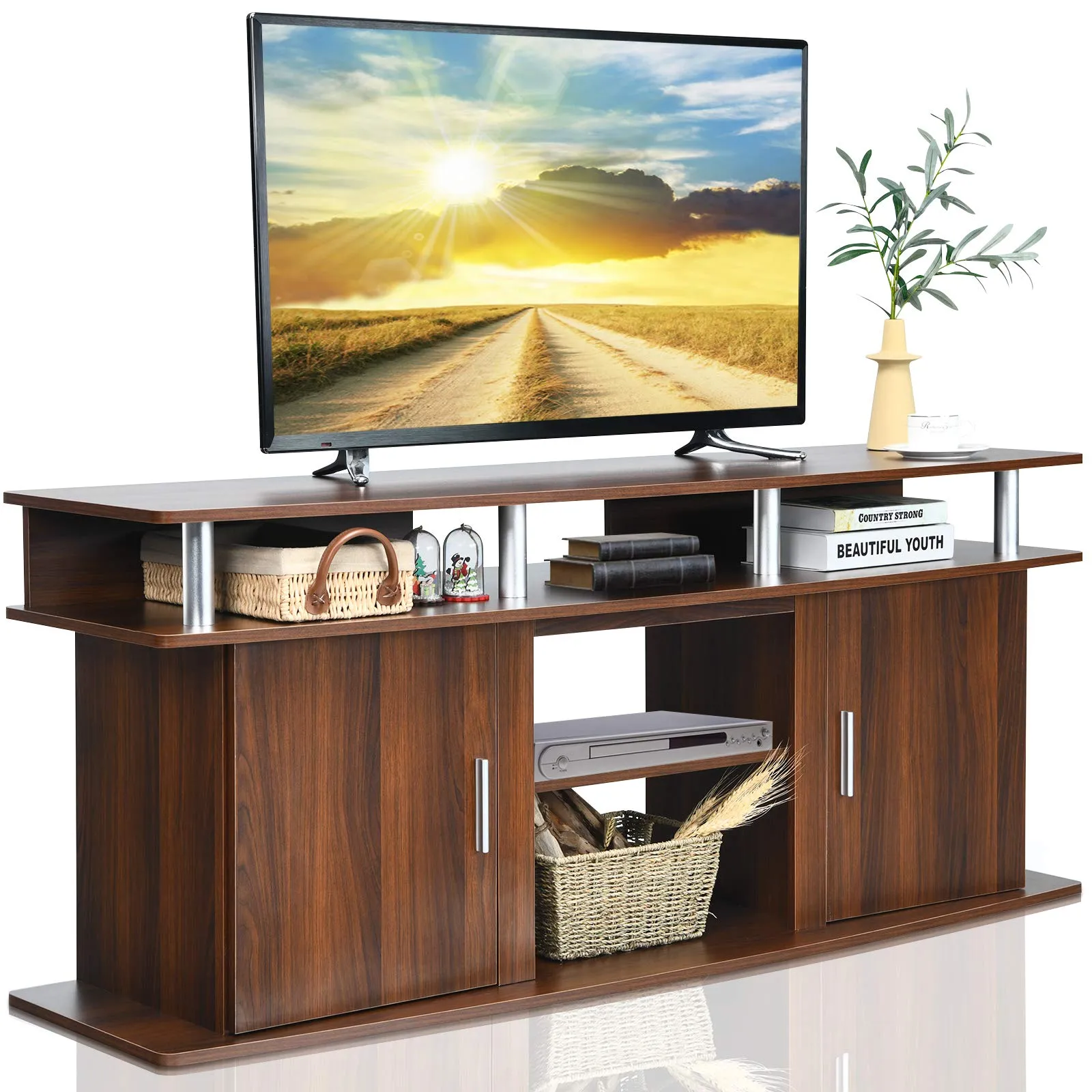 Modern TV Stand for TVs up to 70 Inches, Living Room Console Table w/2 Cabinets & Open Shelves