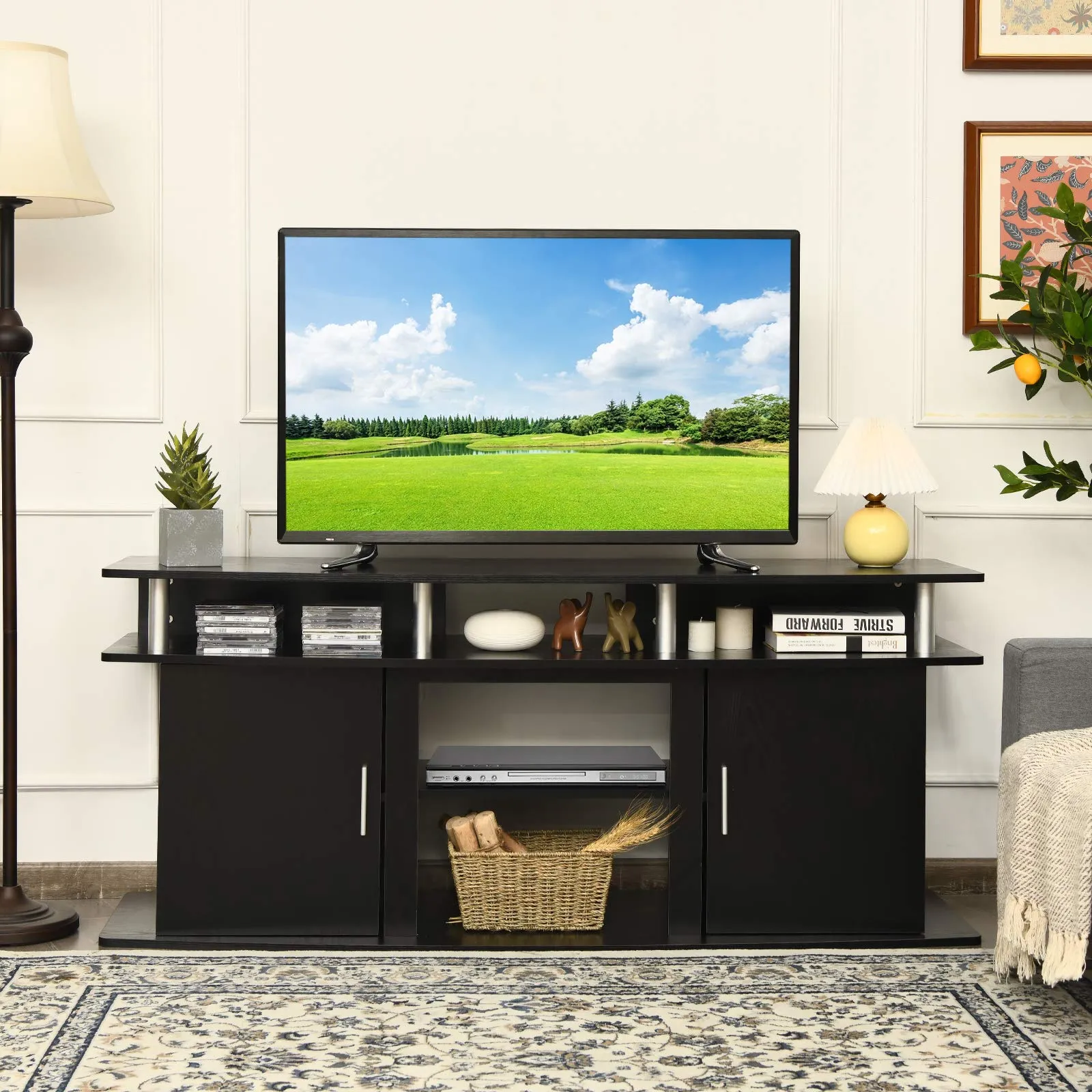Modern TV Stand for TVs up to 70 Inches, Living Room Console Table w/2 Cabinets & Open Shelves