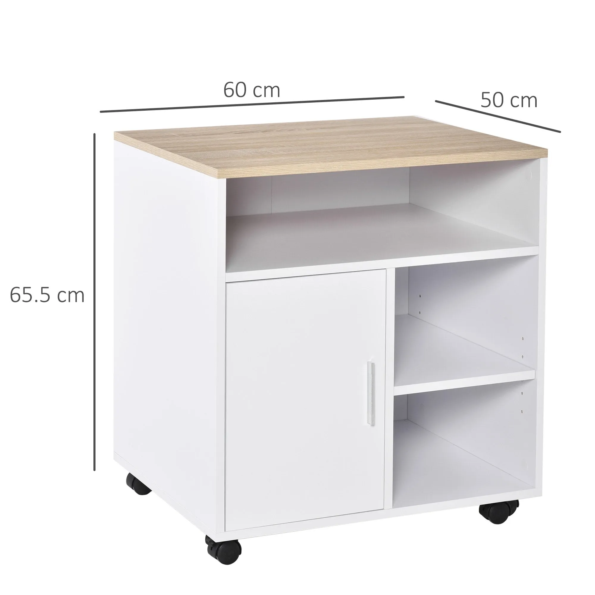 Multi-Storage Printer Stand Unit Office Desk Side Mobile Storage w/ Wheels Modern Style 60L x 50W x 65.5H cm - White Organisation 5 Compartments