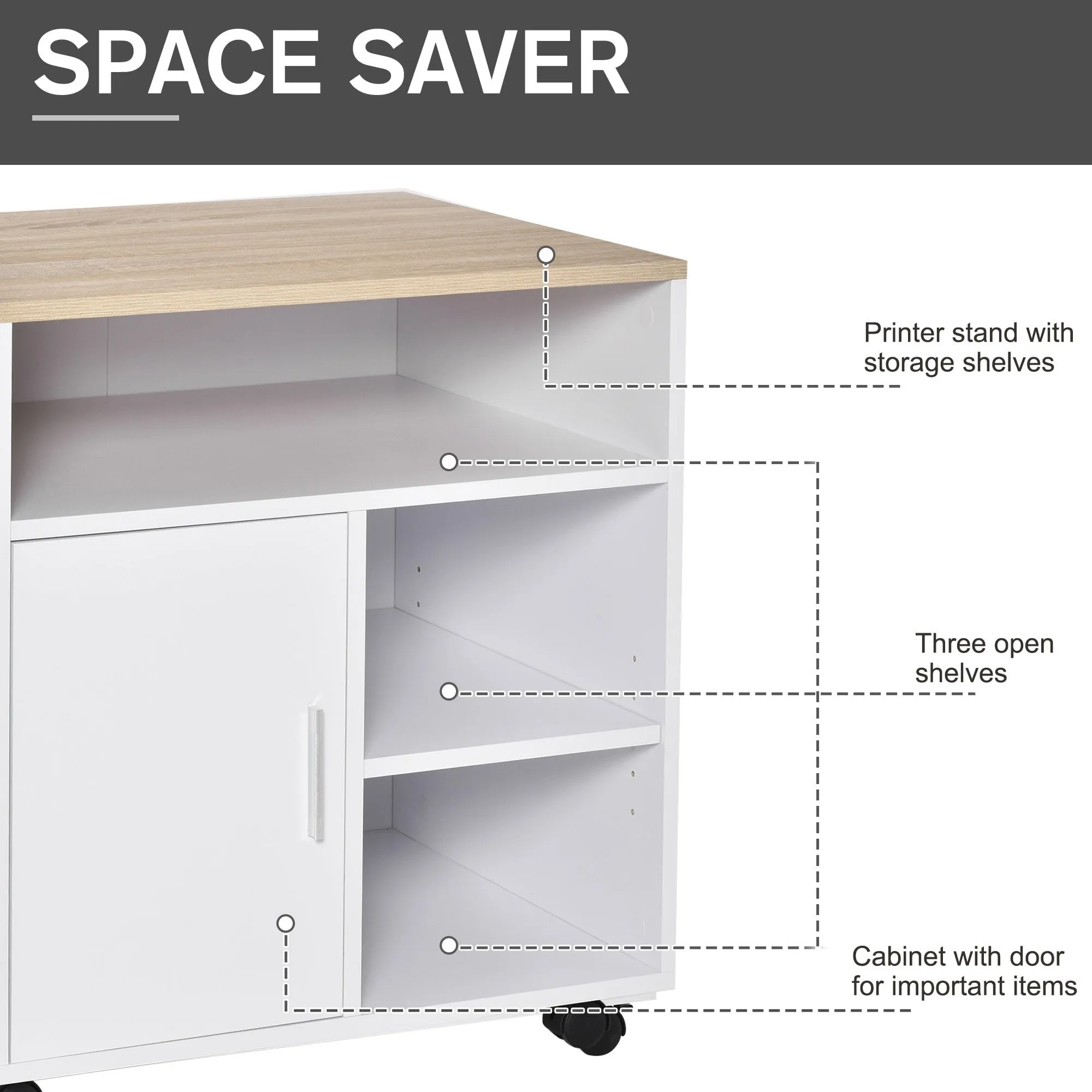 Multi-Storage Printer Stand Unit Office Desk Side Mobile Storage w/ Wheels Modern Style 60L x 50W x 65.5H cm - White Organisation 5 Compartments