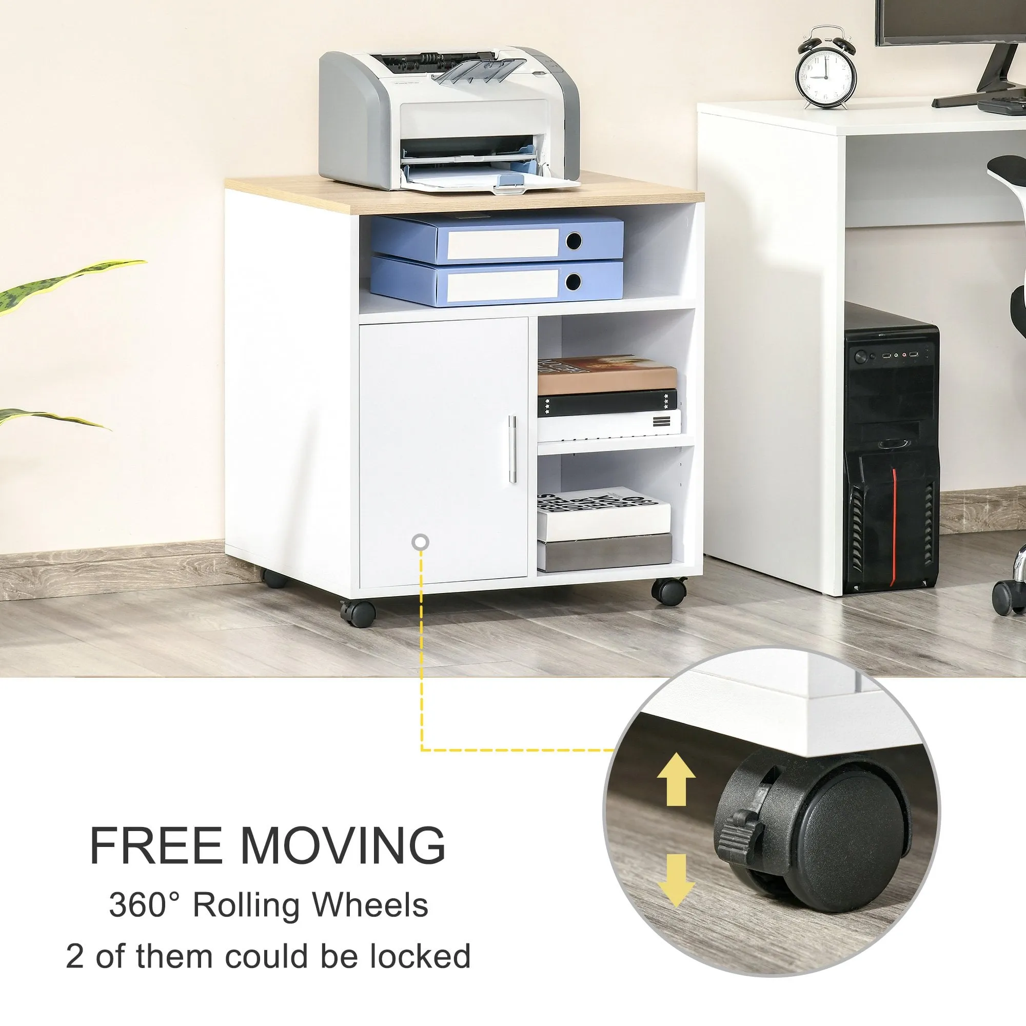 Multi-Storage Printer Stand Unit Office Desk Side Mobile Storage w/ Wheels Modern Style 60L x 50W x 65.5H cm - White Organisation 5 Compartments