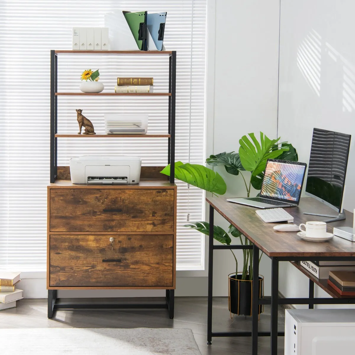 NNECW Freestanding 4-Tier Letter Size Lateral File Cabinet with Lock & Bookshelf