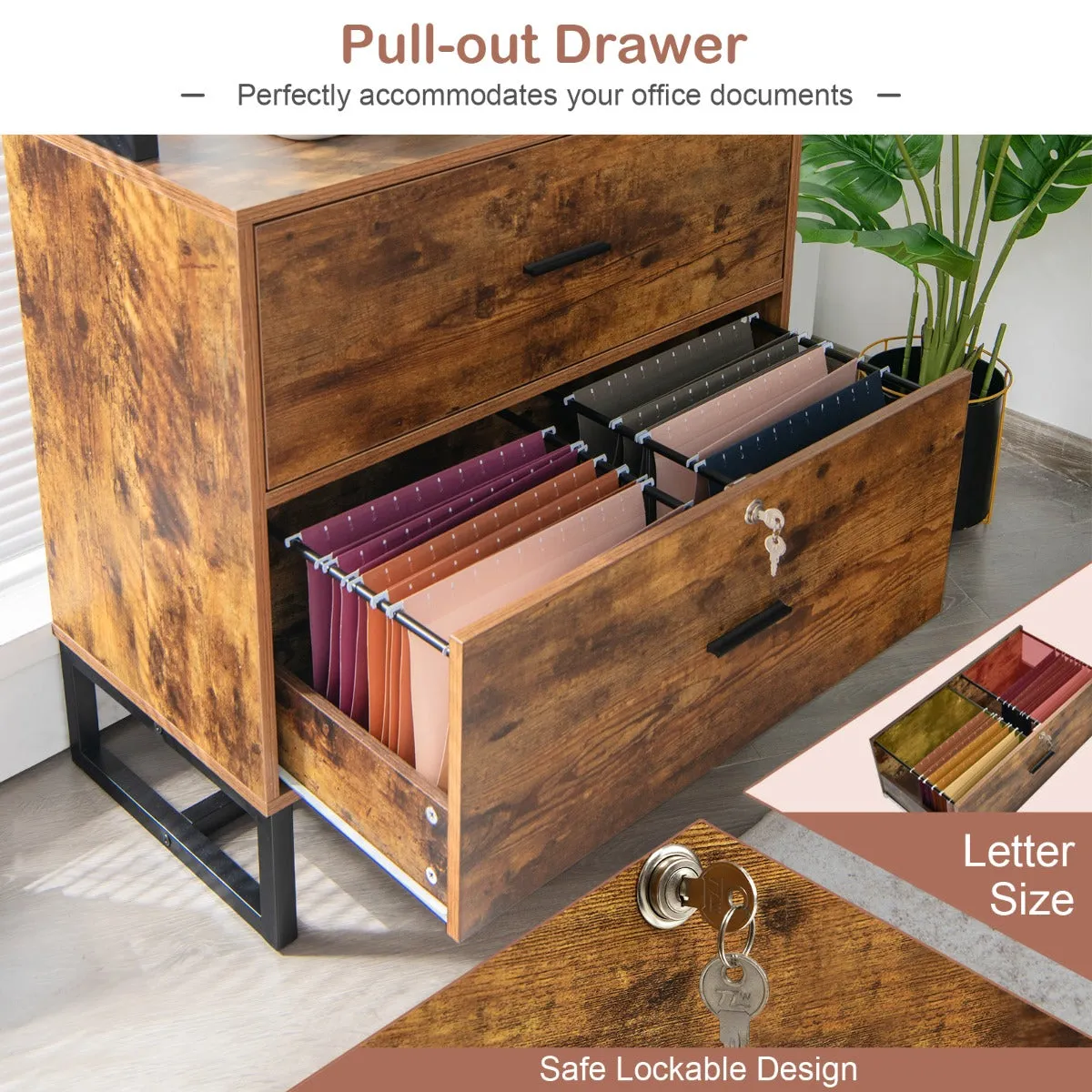 NNECW Freestanding 4-Tier Letter Size Lateral File Cabinet with Lock & Bookshelf